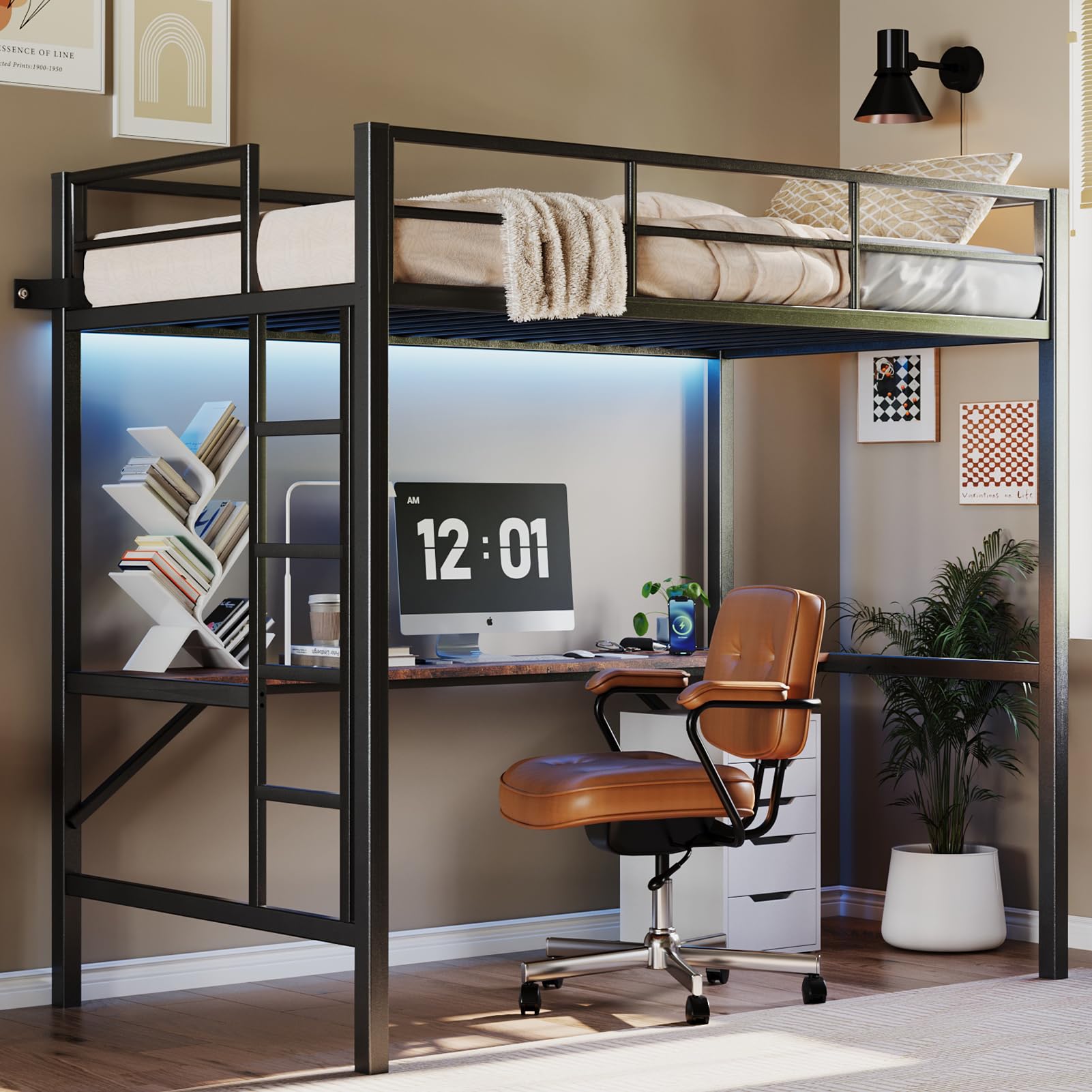 Twin Size Loft Bed with Desk & Storage - Heavy Duty Metal Bunk Bed Frame with Charging Station & LED Lights for Kids, Teens and Adults - Perfect for Small Spaces, Dorm Rooms & Bedrooms