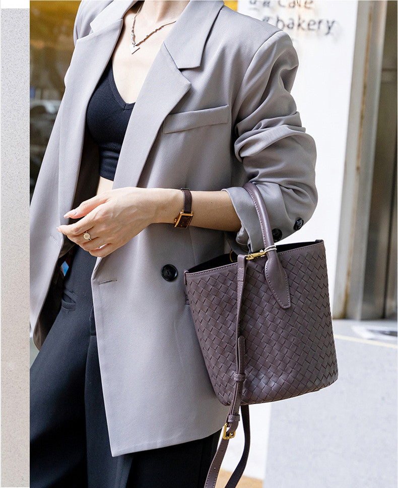 Handwoven Lambskin Bucket Bag for Women - Soft Leather Crossbody Purse with Adjustable Strap - Perfect for Travel, Shopping & Everyday Use