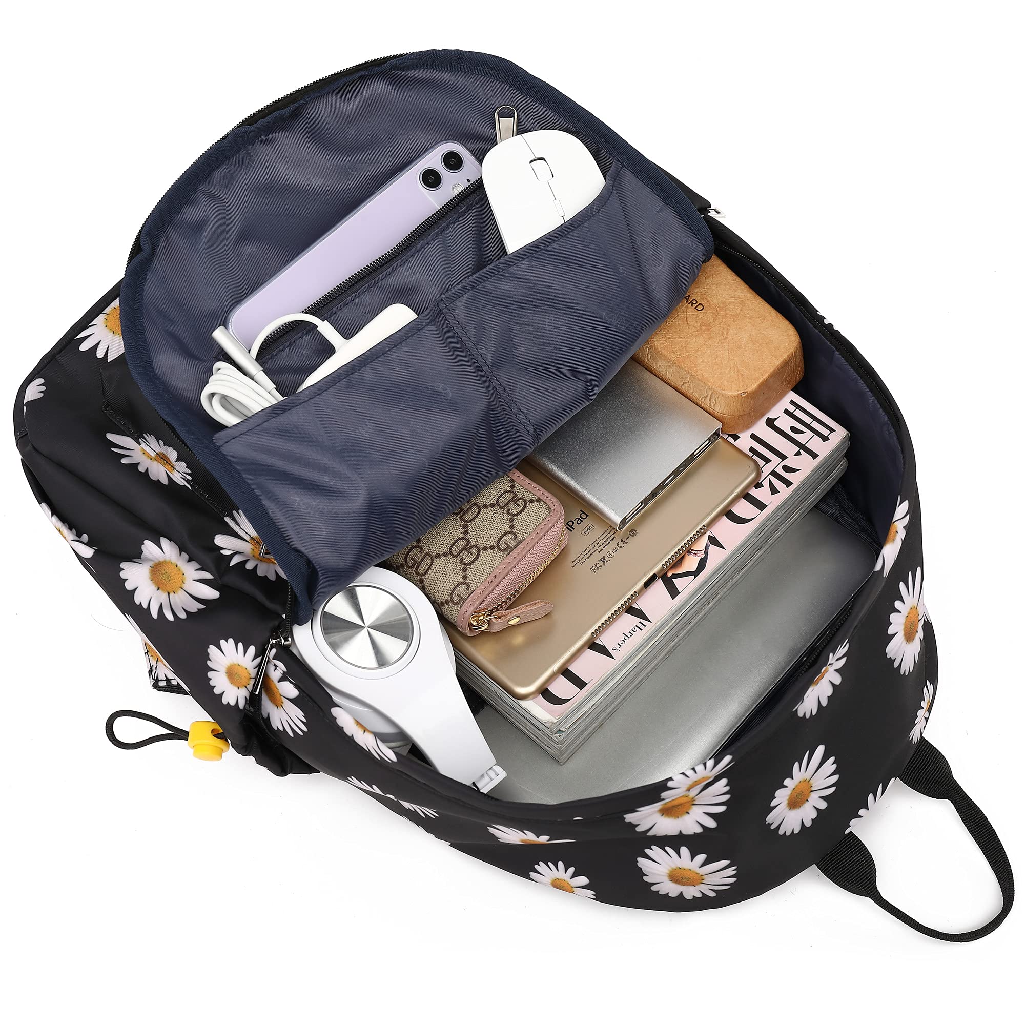 Floral School Backpack for Girls & Women - Cute Flower Print Bookbag with Laptop Compartment, Durable Backpack for Teens & Ladies (Daisy Black) - Perfect for School, College, Work & Travel