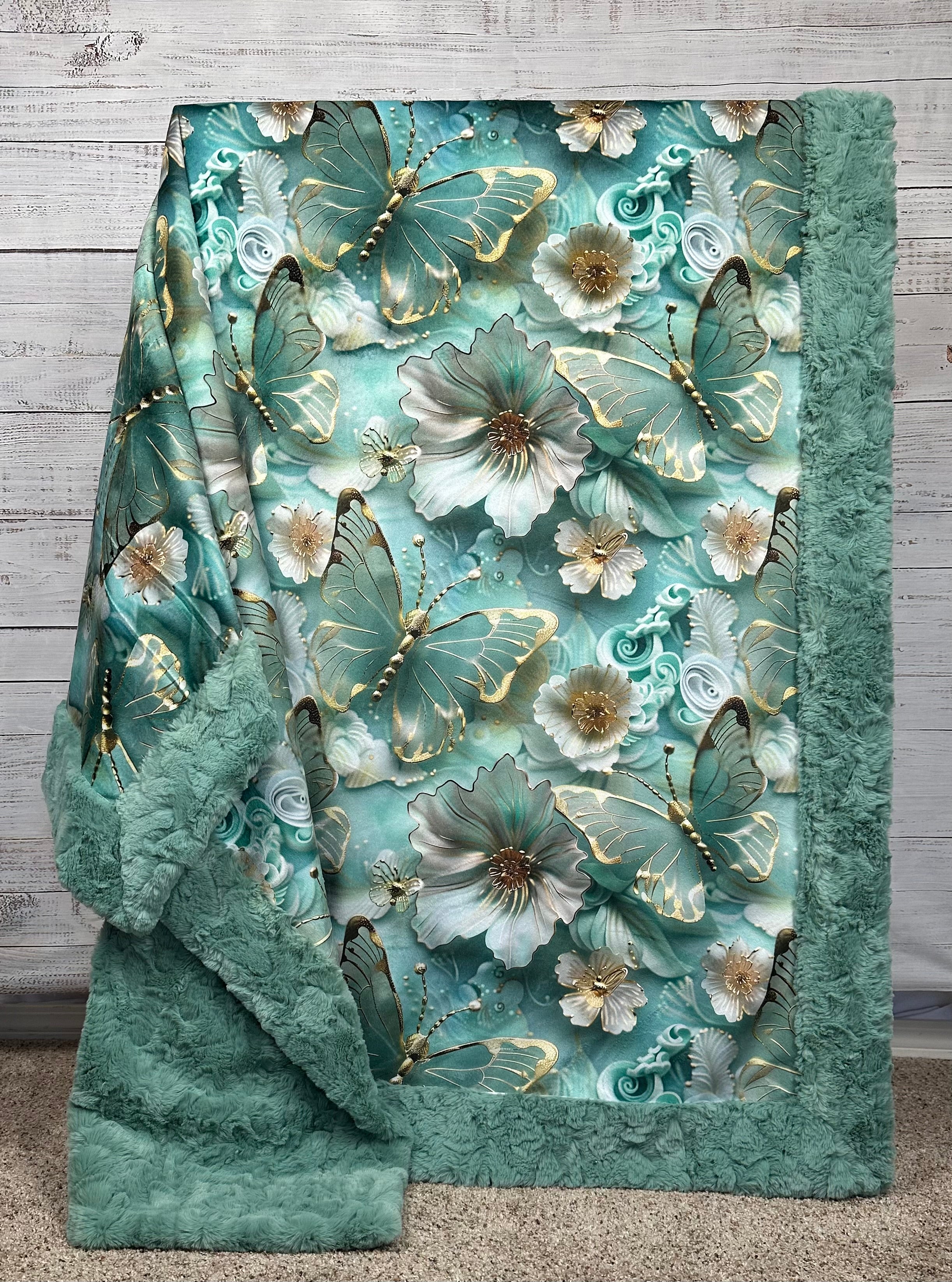 Golden 3D Butterflies and Flowers Mint Luxe Large 55x79 Minky Blanket - Soft Cozy Throw for Bedroom, Sofa & Nursery Decor