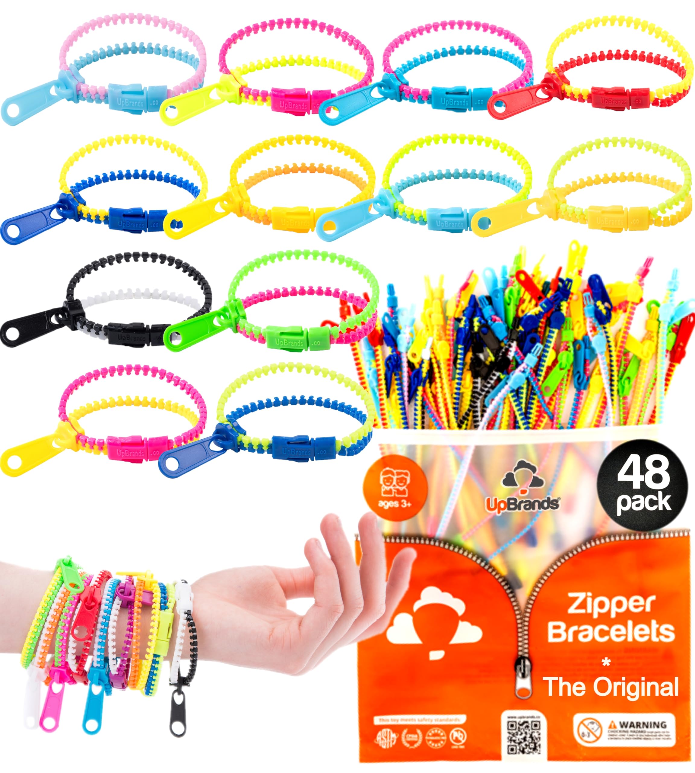UpBrands 6.5 Inch Colorful Zipper Bracelets - 48 Pack Sensory Fidget Toys for Kids, Stress Relief & Anxiety Relief, Perfect for Birthday Party Favors, Classroom Rewards, Easter Egg Fillers, Pinata Stuffers & Goodie Bags (Multicolor)