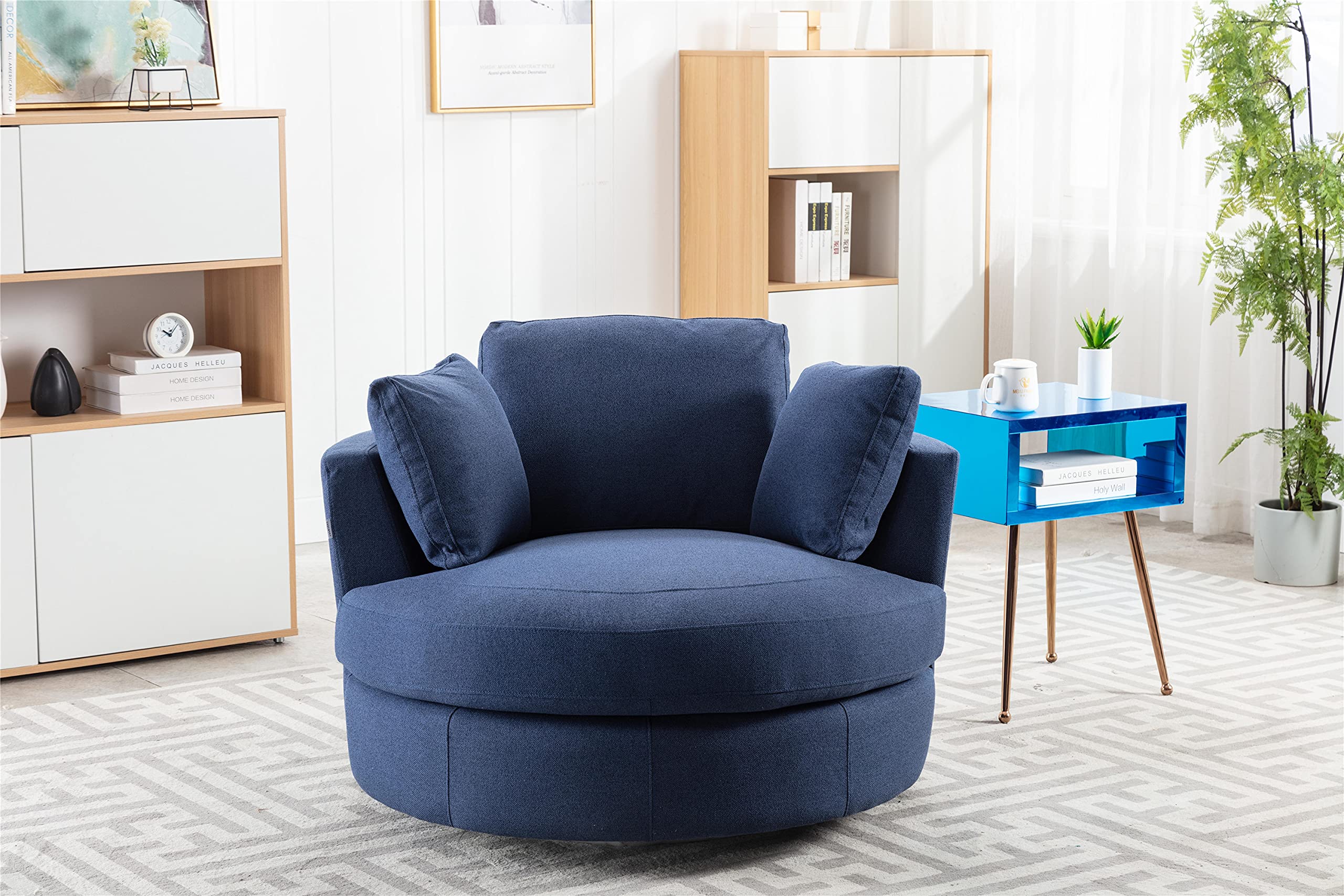 Modern Akili Swivel Sofa Chair with 3 Pillows - Barrel Linen Fabric Accent Chair for Living Room, Bedroom & Office - Navy Blue Home Furniture for Relaxing, Reading & Lounge Areas