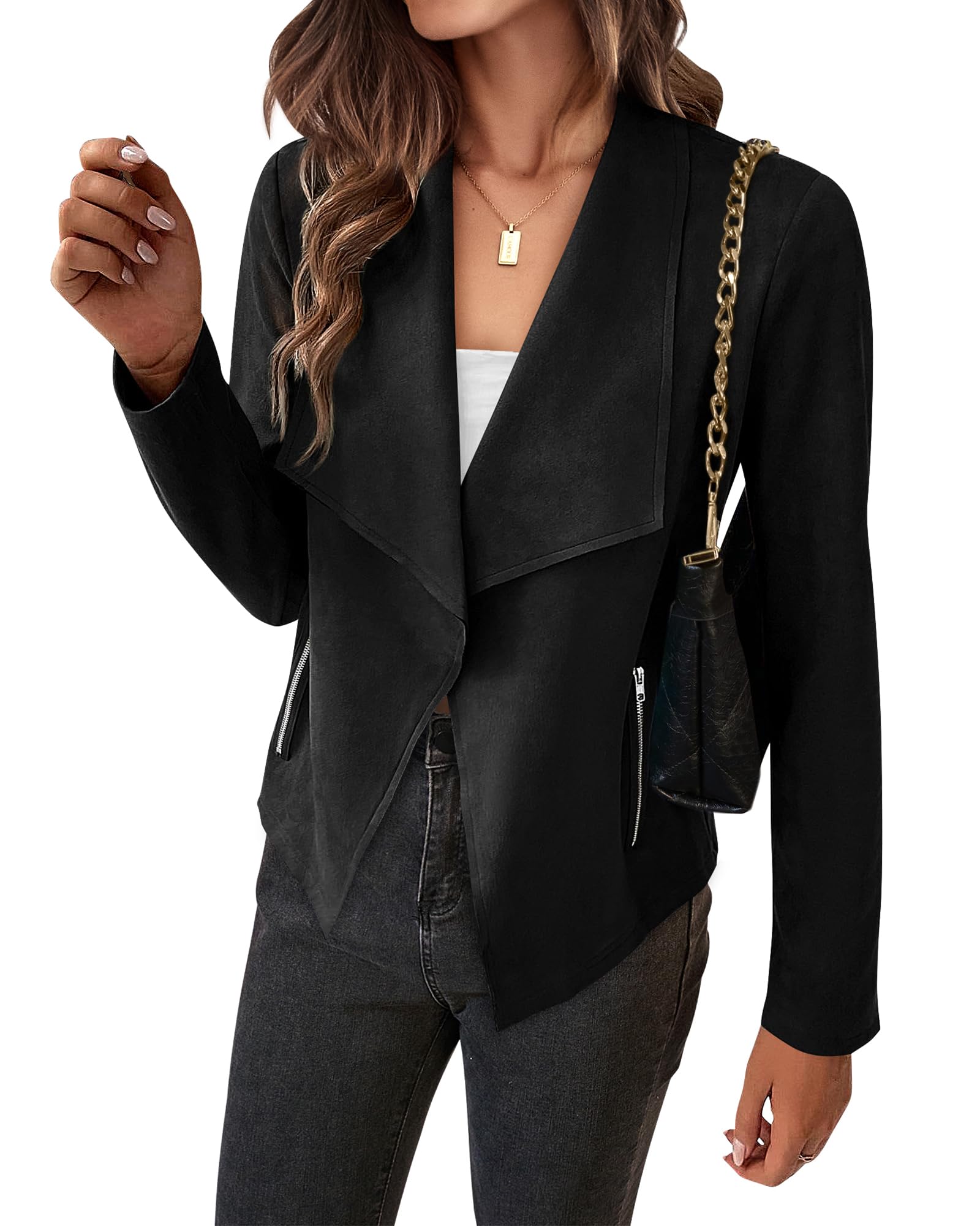 BTFBM Women's Faux Suede Jacket - Elegant Lapel Long Sleeve Open Front Cropped Coat for Spring & Summer 2025 | Perfect for Office Wear, Date Nights & Casual Outings