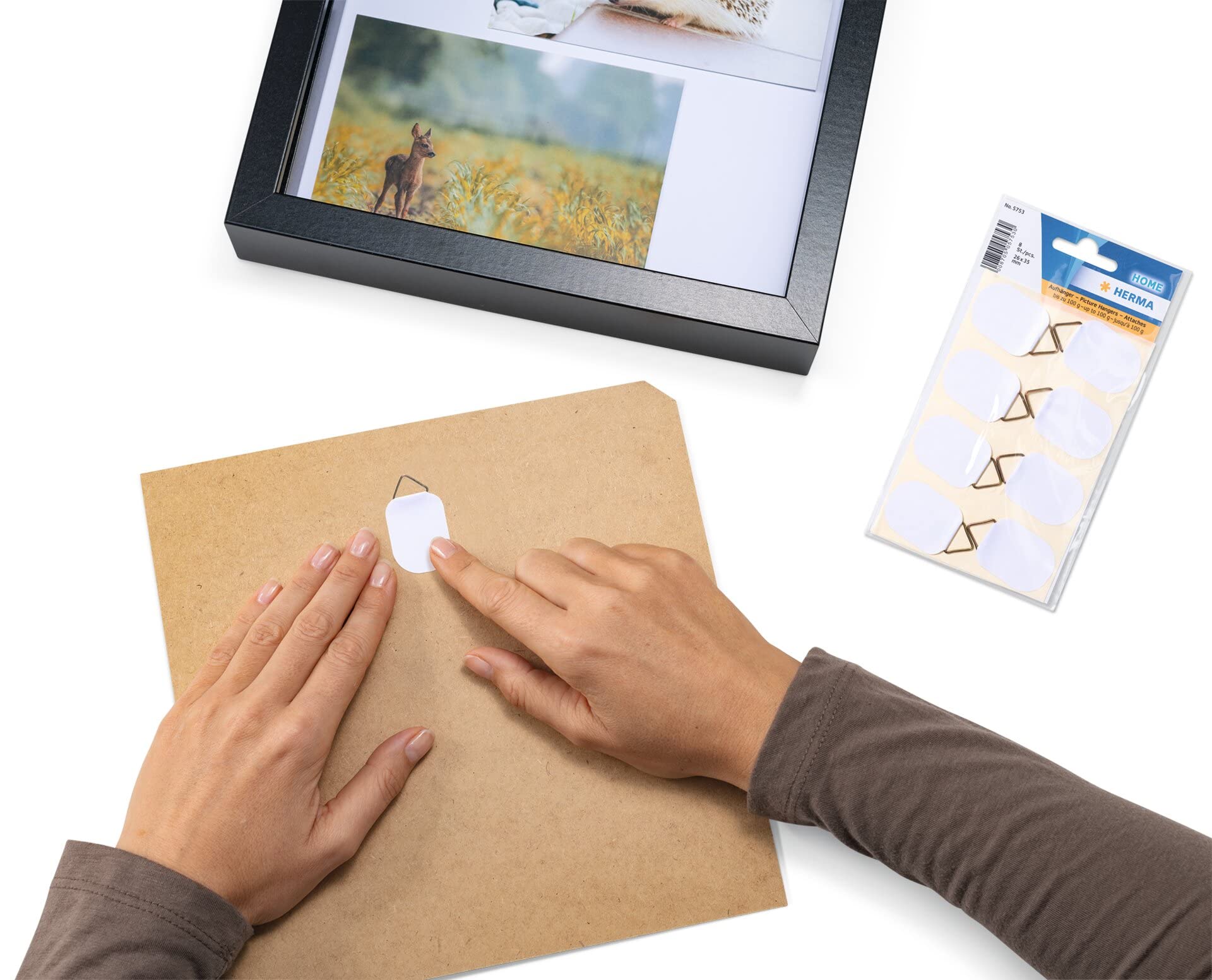 HERMA 5753 Self-Adhesive Picture Hangers - 8 Pack (26x35mm) - White Linen Texture Paper - 100g Load Capacity - Permanent Adhesive for Photos, Posters & Artwork - Perfect for Home, Office & Gallery Displays