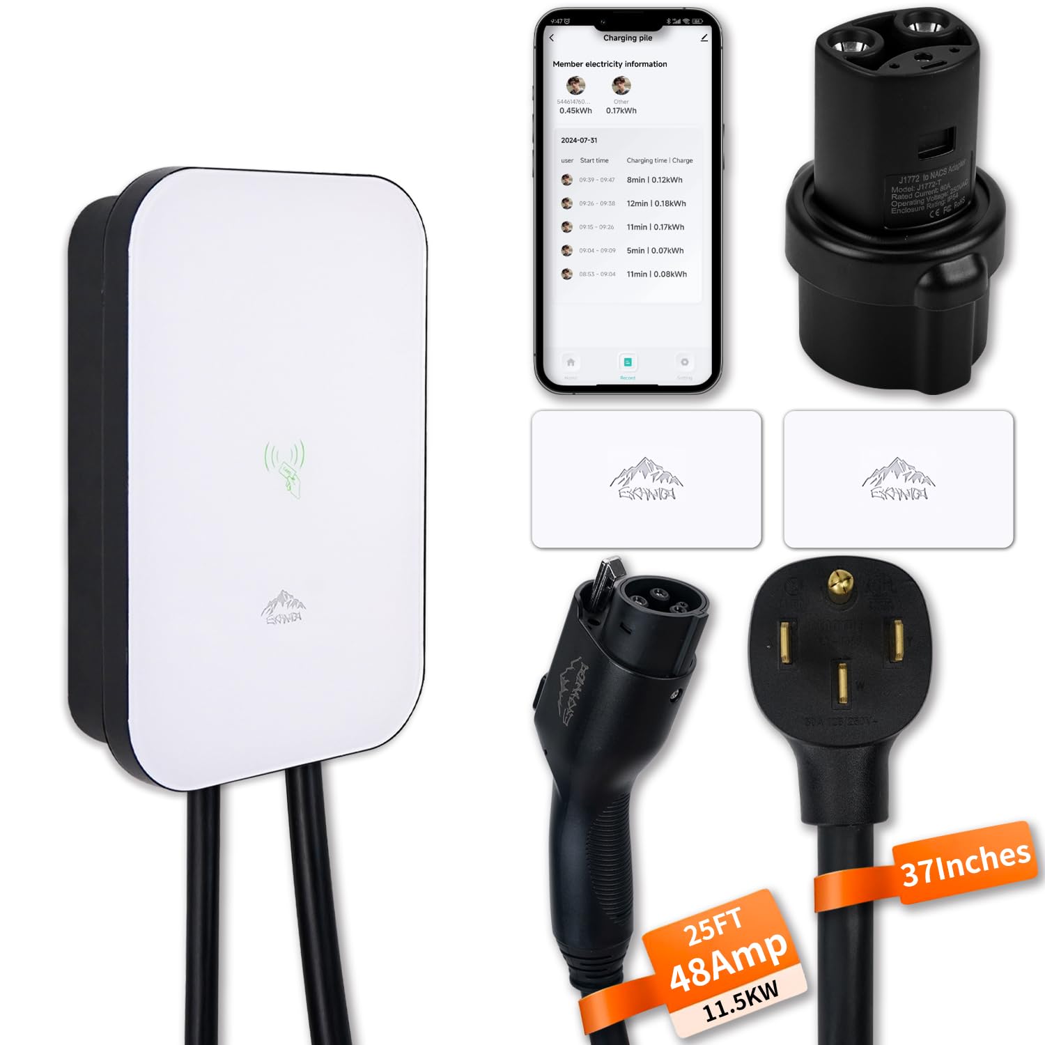 48 Amp 240V Level 2 EV Charger with NEMA 14-50 Plug - Indoor/Outdoor Use, Metal Case, 25ft Cord - WiFi/RFID/App Control & Tesla Adapter Compatible - Fast Charging for Home, Office & Public Parking