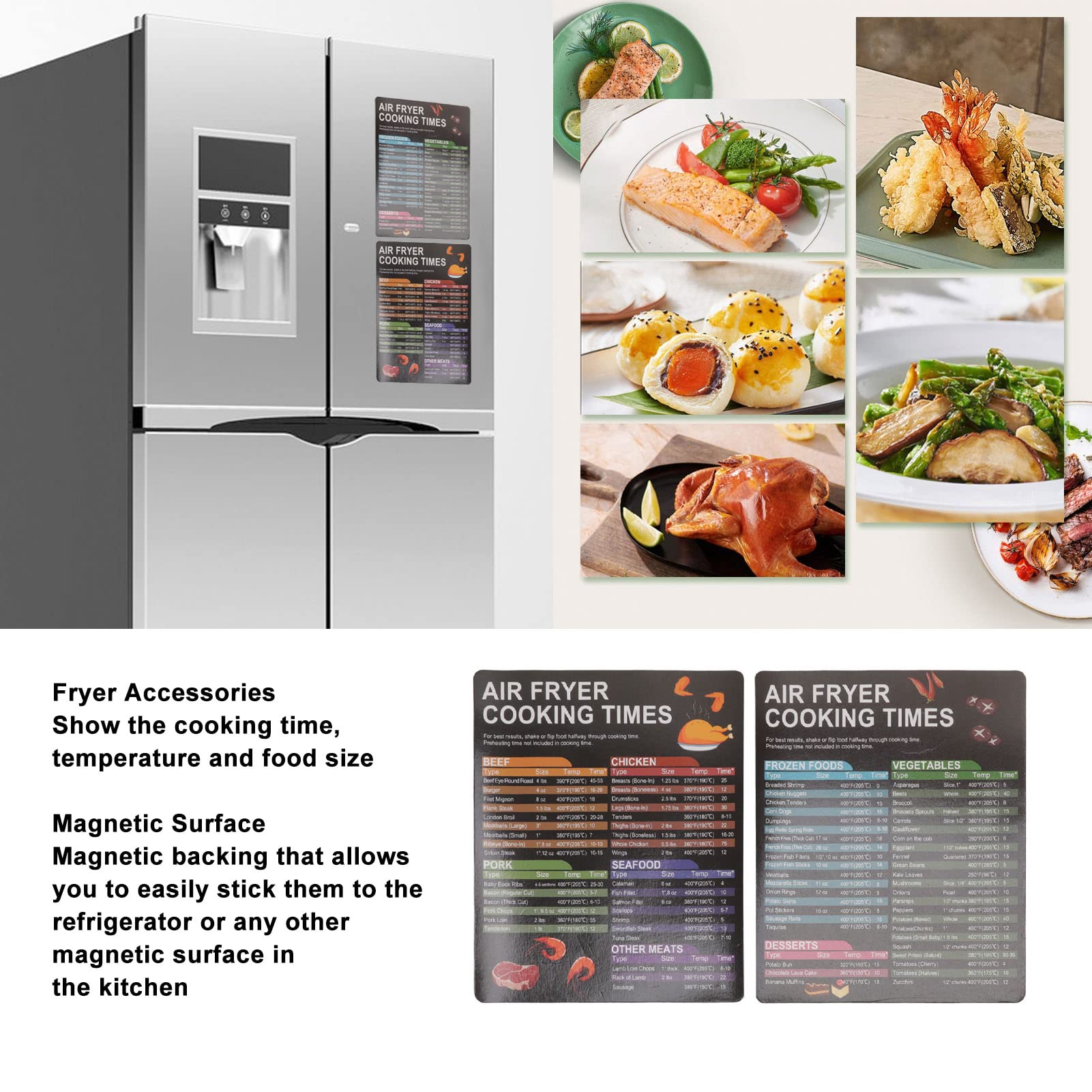 Air Fryer Magnetic Cheat Sheet Set - Cooking Times Chart & Recipe Guide | Perfect for Air Fryer Oven, Cooking Pot & Kitchen Appliances | Quick Reference for Meat Temps & Easy Meal Prep
