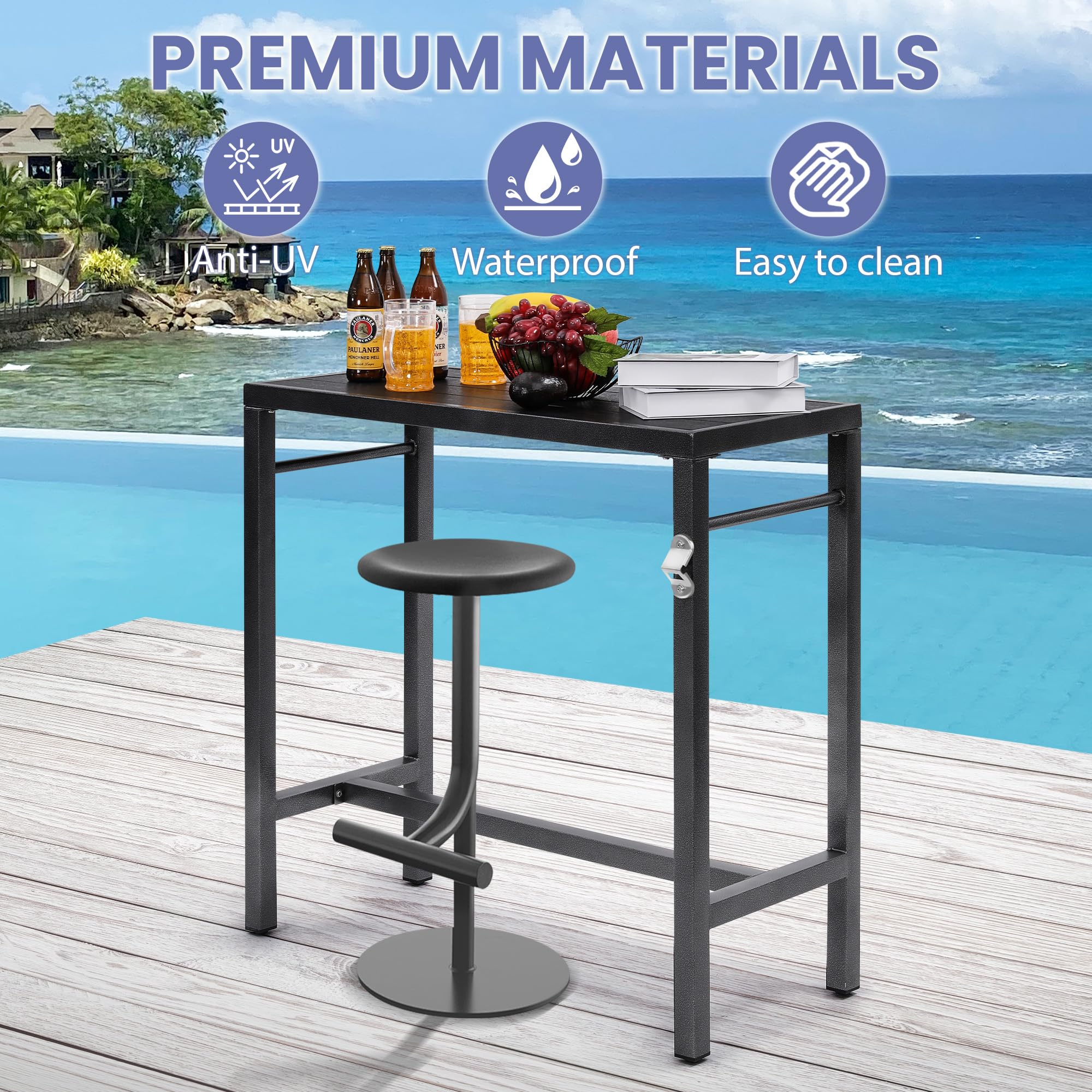 39x39x17 Inch Extra Wide Counter Height Outdoor Bar Table - Weatherproof & Rustproof Composite Top with Built-in Bottle Opener - Perfect for Patio, Backyard, Pub & Restaurant Use - Black