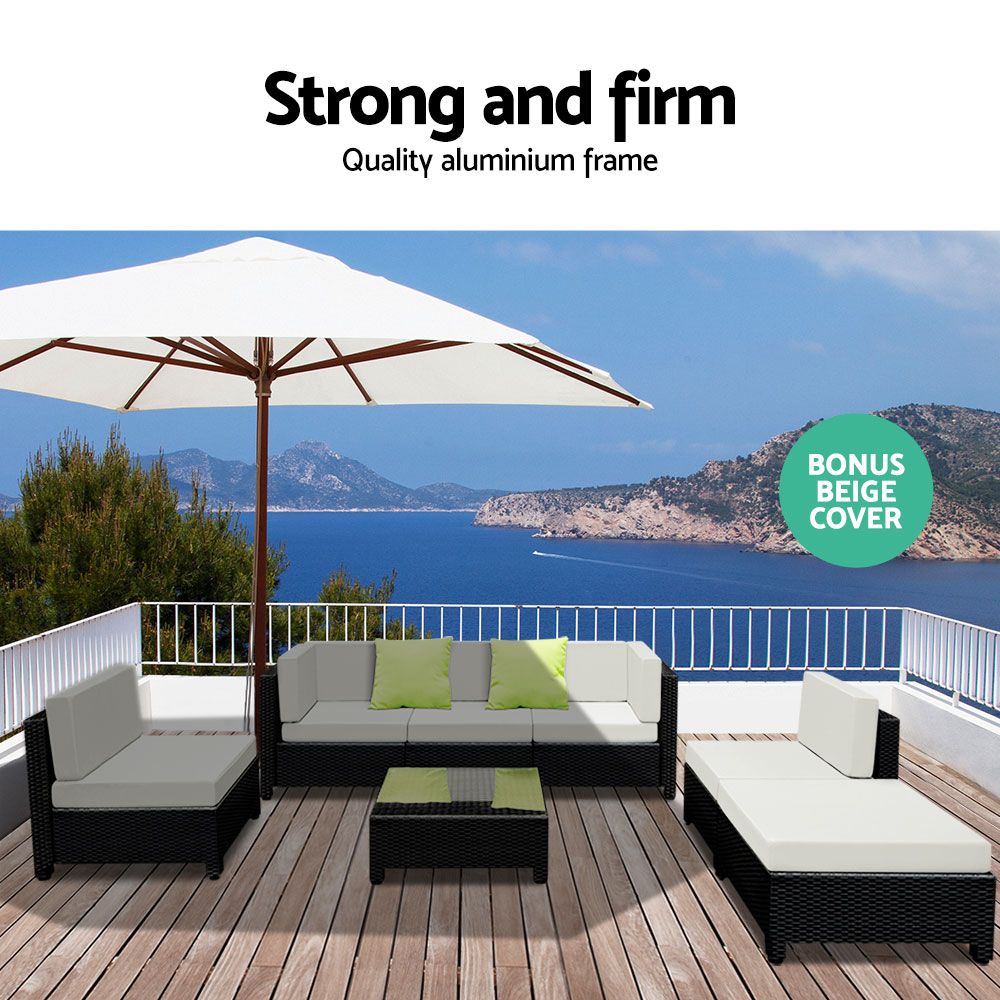 Premium Bondi 6-Piece Wicker Outdoor Lounge Set with Beige Cushion Covers - Water-Resistant Patio Furniture for Poolside, Garden & Backyard Relaxation
