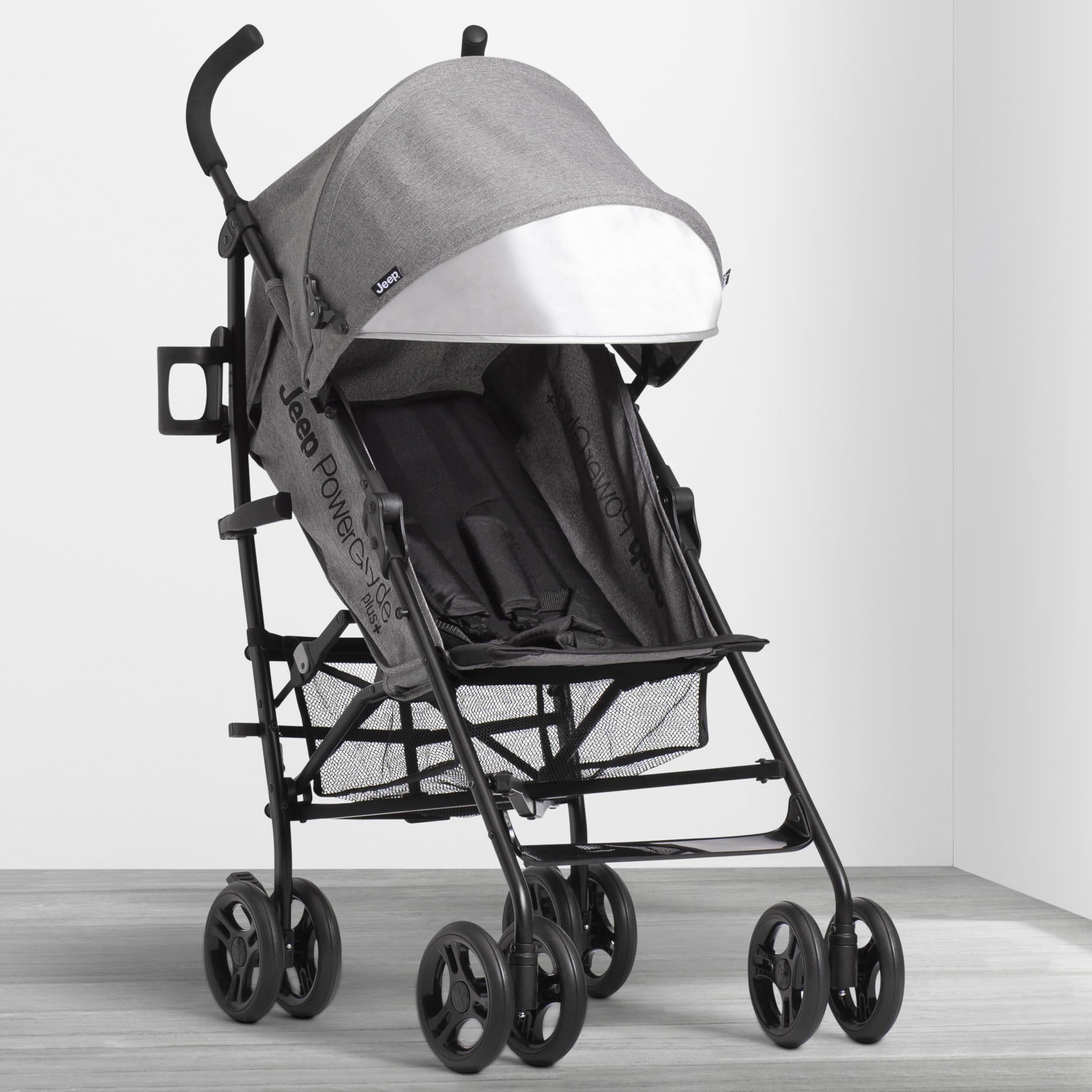 Delta Children Jeep PowerGlyde Plus Lightweight Travel Stroller - Smooth Ride, Aluminum Frame, 4-Position Recline, Extra Large Storage Basket, Grey | Perfect for City Walks, Shopping & Air Travel with Baby