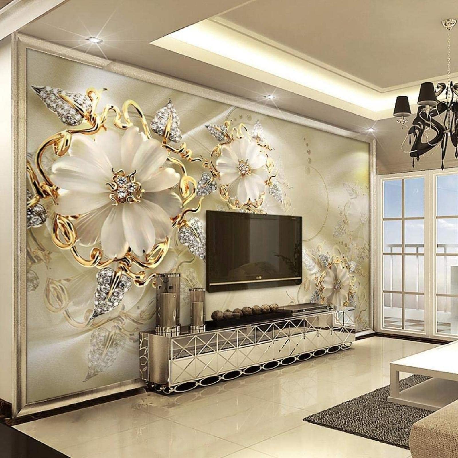 Modern Art Relief Diamond Flowers Wallpaper Mural - Self-Adhesive Peel & Stick Wall Decor for Bedroom, Office, Nursery, Kids Room (135