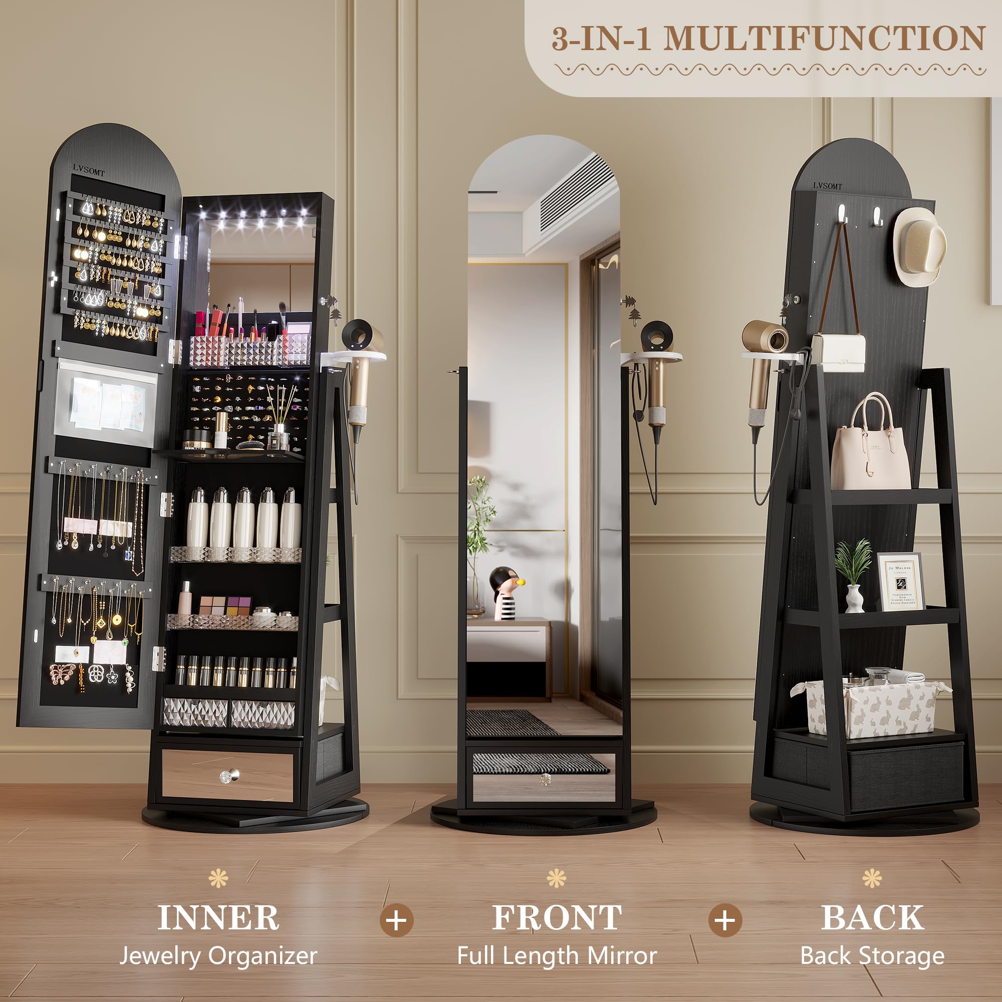 360° Swivel Arched Jewelry Mirror Cabinet with LED Lights - 64