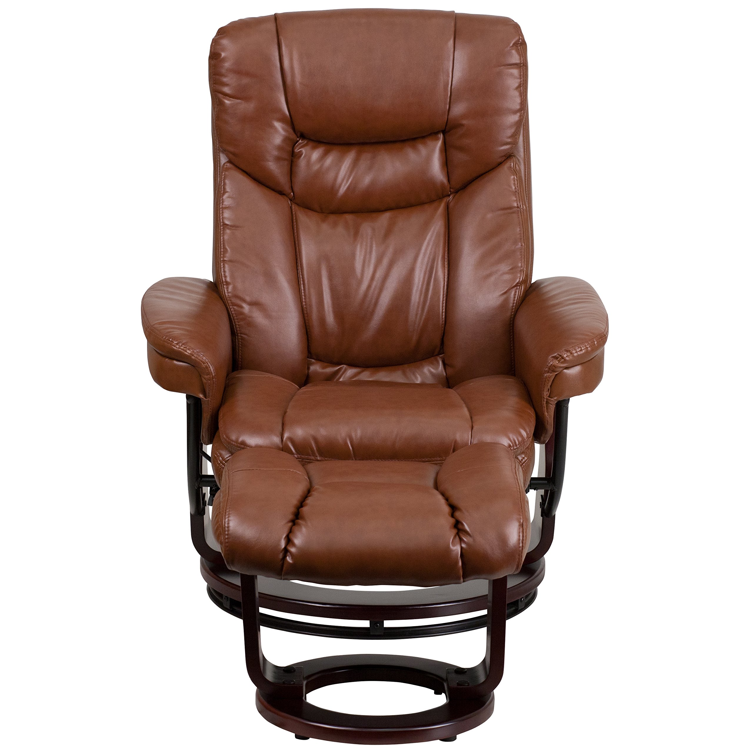 EMMA + OLIVER Multi-Position Recliner Chair with Curved Ottoman - Swivel Wood Base in Vintage LeatherSoft - Perfect for Living Room, Home Theater & Office Relaxation