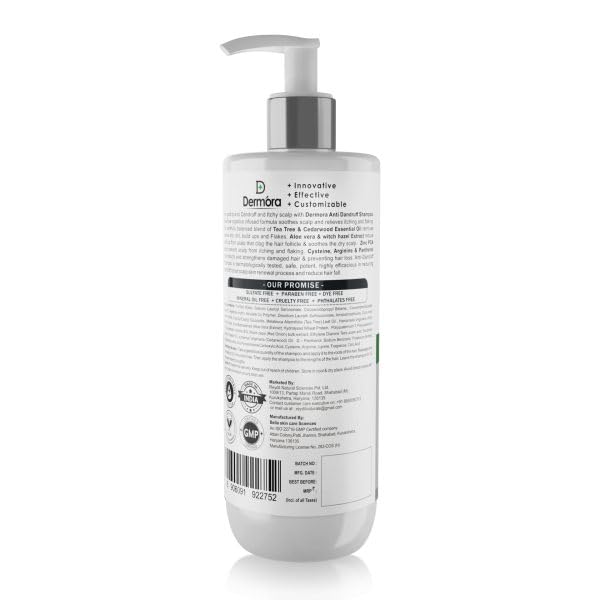 Dermora Anti-Dandruff Clarifying Shampoo 300ml - Sulfate & Paraben Free with Tea Tree Oil, Zinc, Witch Hazel & Aloe Vera - Reduces Dandruff & Flakes, Soothes Itchy Scalp - Perfect for Daily Use & Sensitive Scalp Care