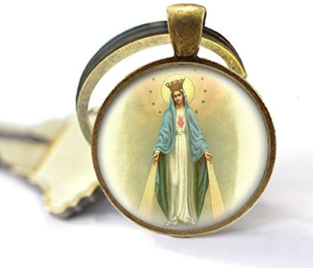 Our Lady of The Miraculous Medal Keychain - Virgin Mary Religious Jewelry Charm with Glass Photo - Perfect for Catholic Gifts, Prayer Beads & Devotional Accessories