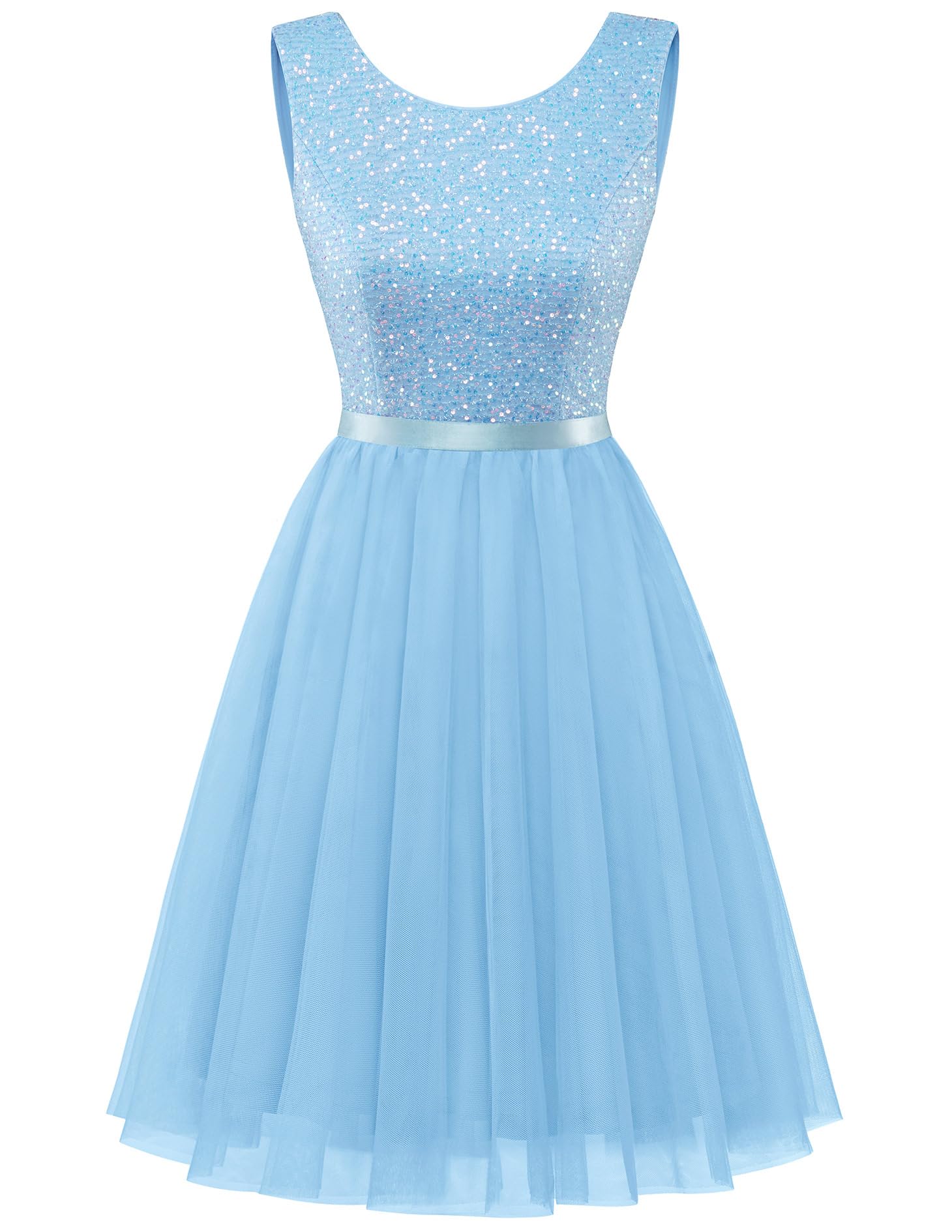 BeryLove Sequin Vintage A-Line Wedding Dress - Formal Swing Tulle Sleeveless Cocktail Mini Dress for Bridal Party, Prom, Evening Gala & Special Occasions