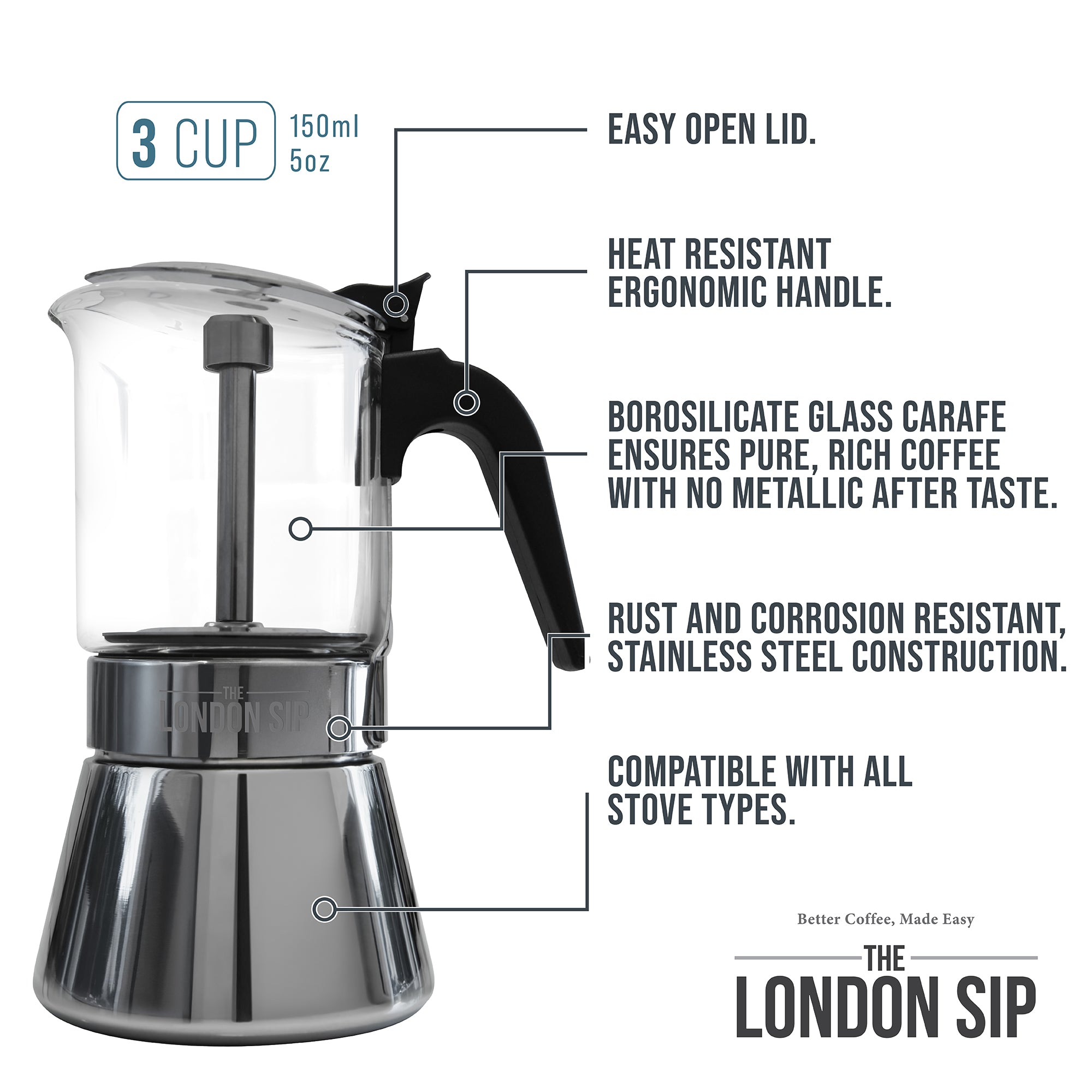 Premium Glass Stovetop Espresso Coffee Maker - Italian Style Moka Pot for Rich Espresso & Coffee - Perfect for Home, Camping & Gifts