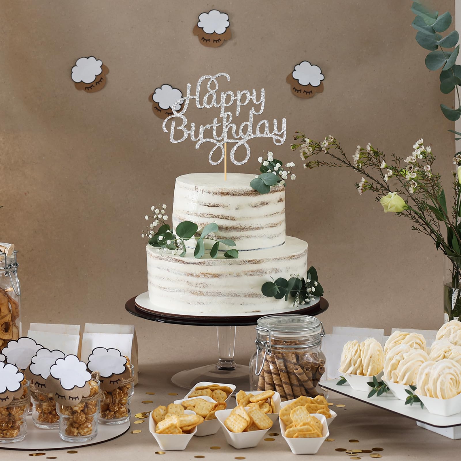 Silver Glitter Happy Birthday Cake Topper - Elegant Party Decor for Adults & Kids | Perfect for Birthday Cakes, Cupcakes & Dessert Tables