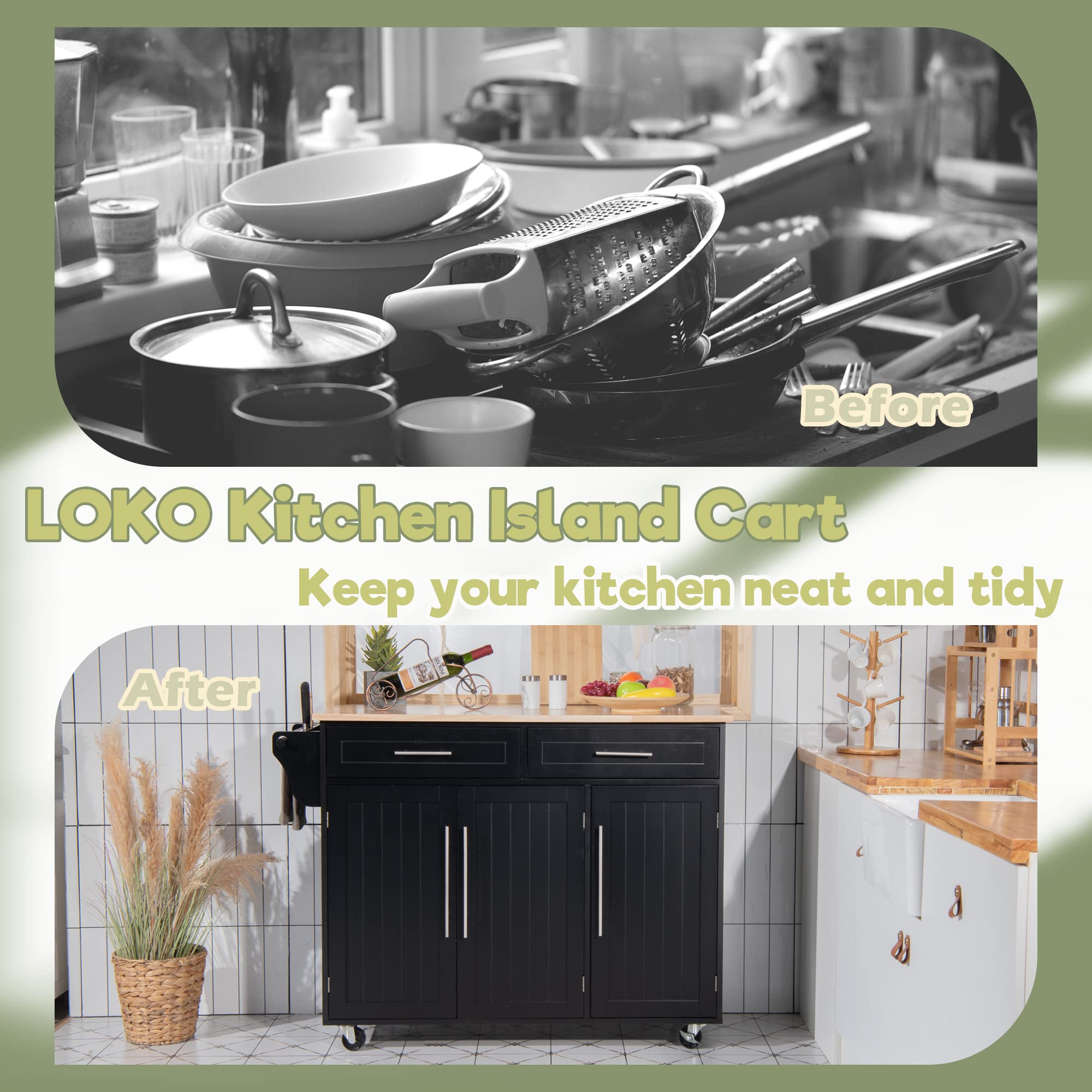 LOKO Large Kitchen Island with Storage - Portable Rolling Kitchen Cart with Rubber Wood Countertop, Adjustable Shelves & Universal Casters - 49 x 18.11 x 36.61 Inches - Perfect for Small Kitchens, Food Prep, and Extra Counter Space