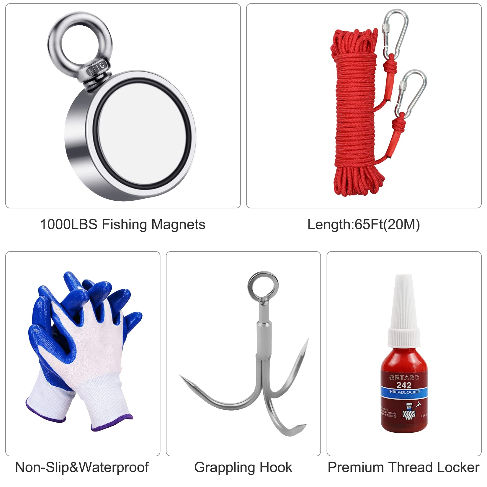 1000LBS(453KG) Strong Neodymium Fishing Magnet Kit - Double Sided Magnet with 20m(65ft) Durable Rope & Protective Gloves - Perfect for Underwater Treasure Hunting, Metal Detecting & Outdoor Adventures