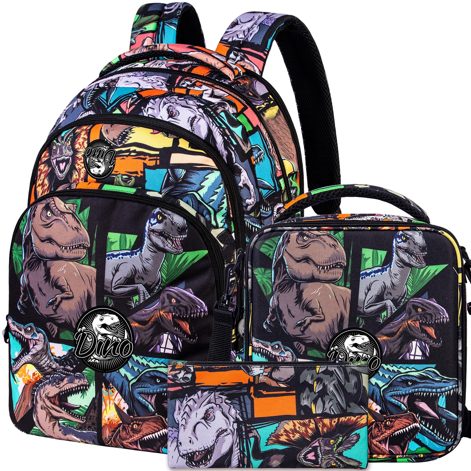 Durable 3PCS Water-Resistant 17 Inch Laptop Backpack for Men & College Students - Anti-Theft Dinosaur Design School Bookbag for Teen Boys - Perfect for Travel, Work & Campus Use