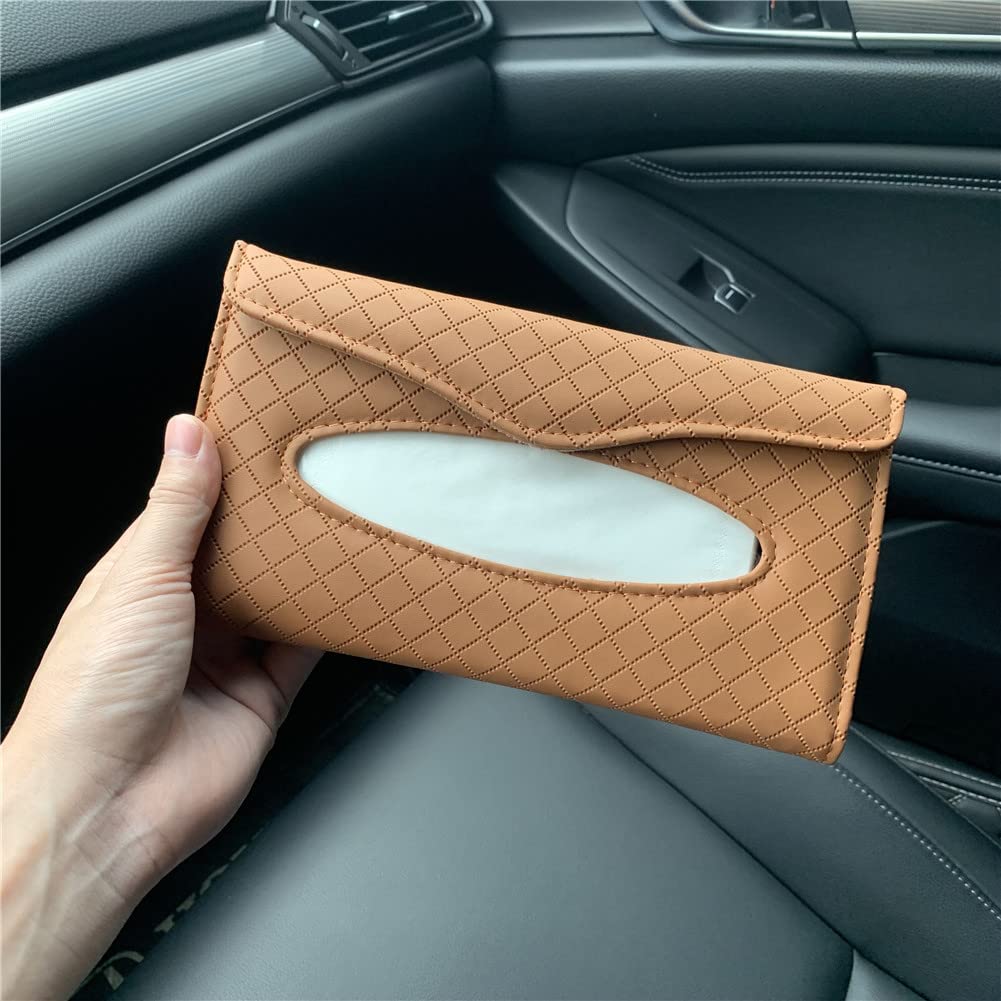 Premium PU Leather Car Tissue Holder - Sun Visor Napkin Dispenser for Car & Truck (Brown) | Backseat Organizer for Tissues, Wipes & Essentials | Perfect for Road Trips, Commuting & Family Travel