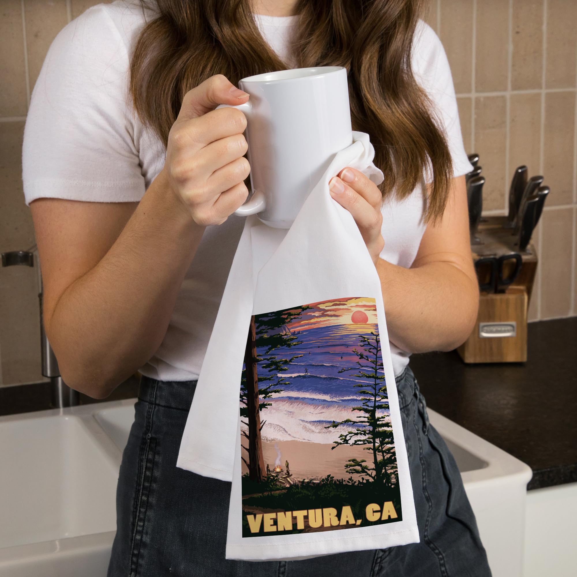 Lantern Press Ventura California Surfing Sunset Tea Towel - 100% Cotton Decorative Hand Towel for Kitchen & Home - Perfect for Beach House Decor, Coastal Kitchen, and Gift Giving