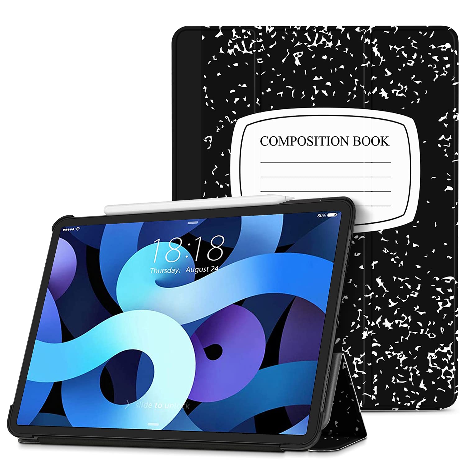 Premium TNP Case for iPad Air 5th Generation (2022) & iPad Air 4th Generation (2020) - Black Composition Book Style Protective Cover with Apple Pencil Holder (2nd Gen), Trifold Stand & Auto Sleep/Wake - Perfect for School, Office & Travel Use