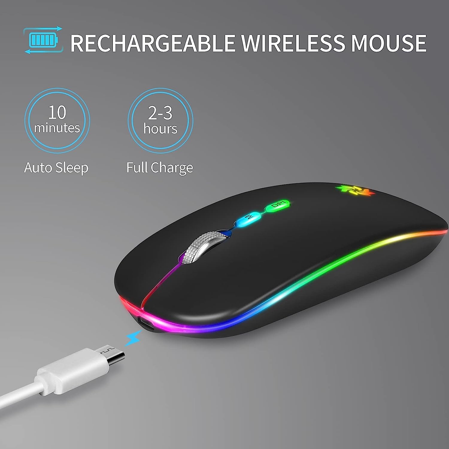 KBCASE Slim Silent Wireless Mouse - 2.4G Rechargeable LED Mouse for Laptop, MacBook, iPad, Chromebook - Includes USB & Type-C Receiver for Home, Office, and Travel Use