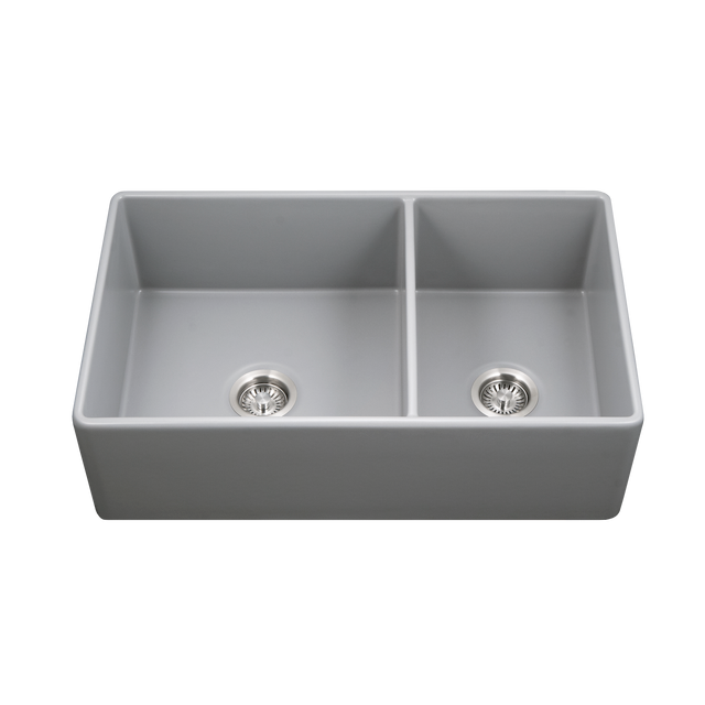 Houzer Platus Series 33-Inch Fireclay Dual Mount Undermount/Apron Front 60/40 Double Bowl Kitchen Sink - Perfect for Small Kitchens, RV Campers & Tiny Homes