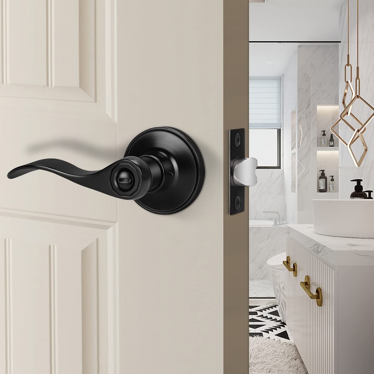 Gobrico 6-Pack Matte Black Privacy Door Levers for Bedroom & Bathroom - Interior Drop/Wave Handles with Keyless Lock - Universal Design for Left/Right Handed Doors - Perfect for Home, Apartment, and Office Privacy Needs