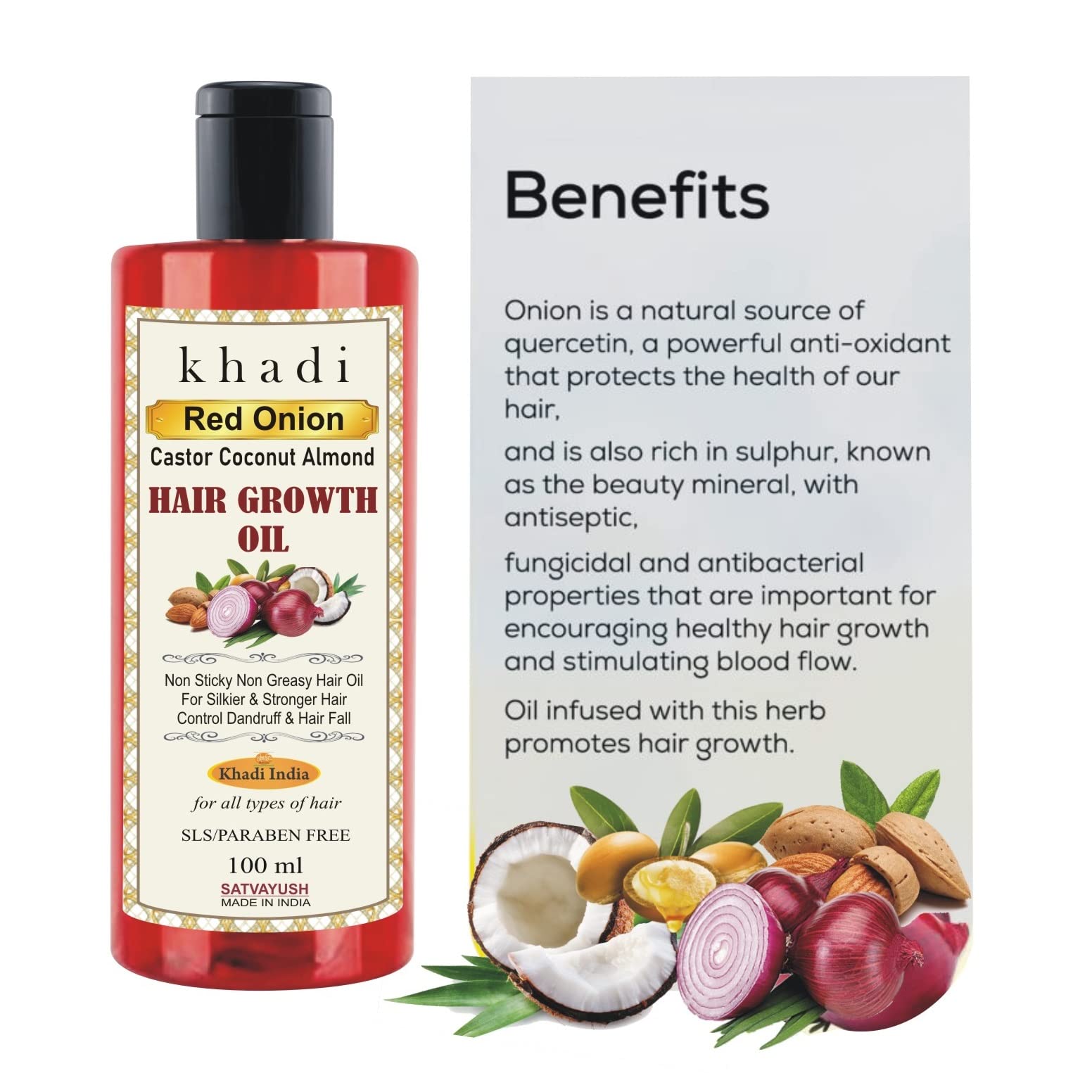 Satvayush Khadi Red Onion Hair Growth Oil with Castor, Coconut & Almond Extracts - 100ml (Pack of 2) | Promotes Hair Growth & Reduces Hair Fall | Perfect for Daily Hair Care & Scalp Massage