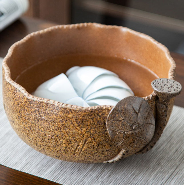 Handmade Coarse Pottery Lotus Tea Washer - Ceramic Tea Cup Cleaner for Loose Leaf & Matcha - Perfect for Tea Ceremonies, Zen Meditation & Japanese Tea Sets