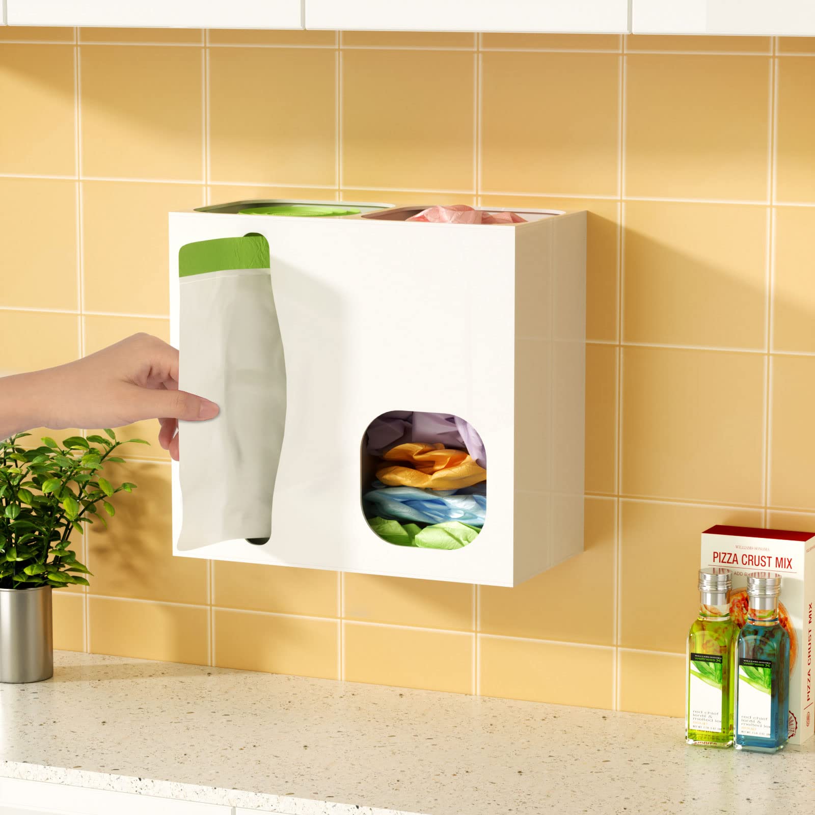 FEMELI 2-in-1 Wall Mount Trash Bag Dispenser - Kitchen Grocery Bag Organizer for Recycling & Storage