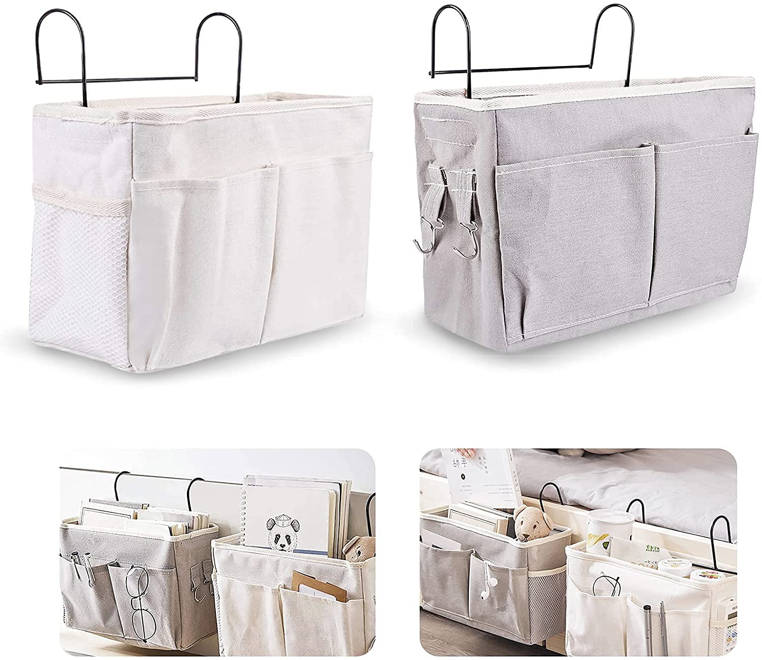 Bedside Storage Pocket Organizer - Hanging Bedside Organizer with Hook for Home, Office, School, Dorm & Bedroom - White & Grey - Perfect for Storing Books, Phones & Essentials by Your Bed