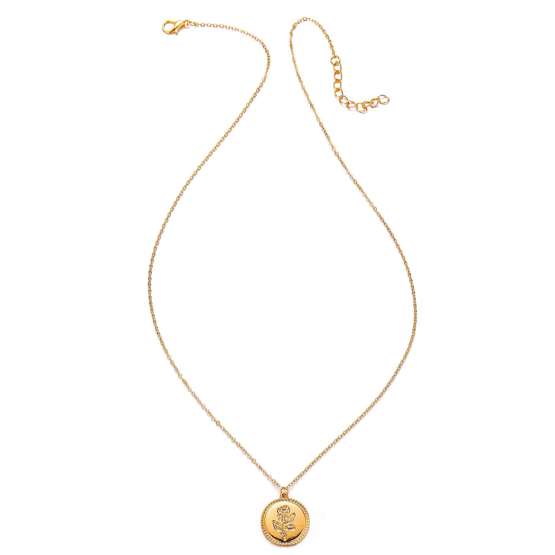 Gold Alloy Rose Flower Lava Rock Pendant Necklace for Women - Elegant Round Disc Coin Jewelry with Natural Stone - Perfect for Date Night, Wedding & Everyday Wear