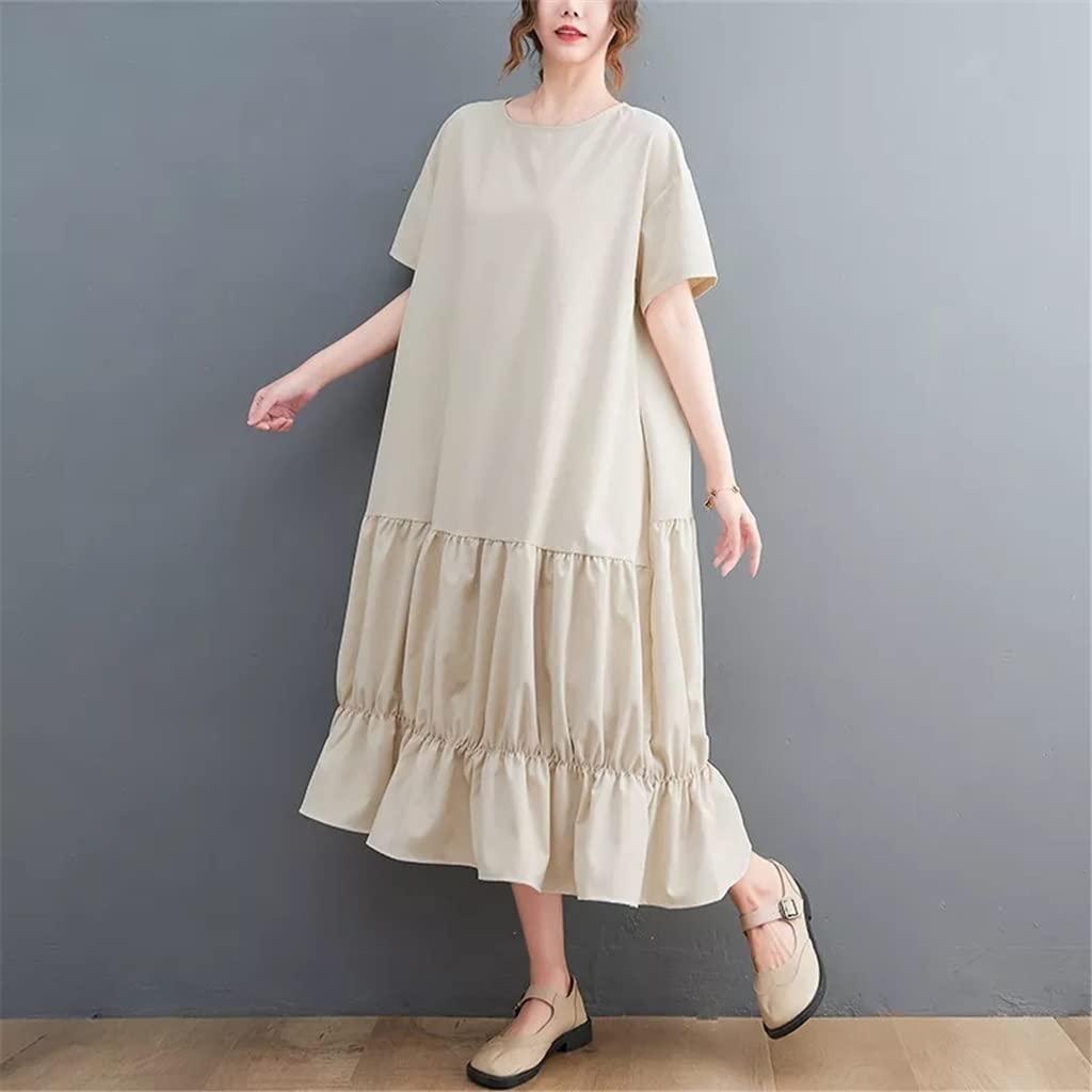 Stylish Patchwork Pleated Black Summer Dress for Women & Girls - Loose Casual T-Shirt Dress in Apricot (One Size) | Perfect for Beach Outings, Summer Parties & Casual Wear