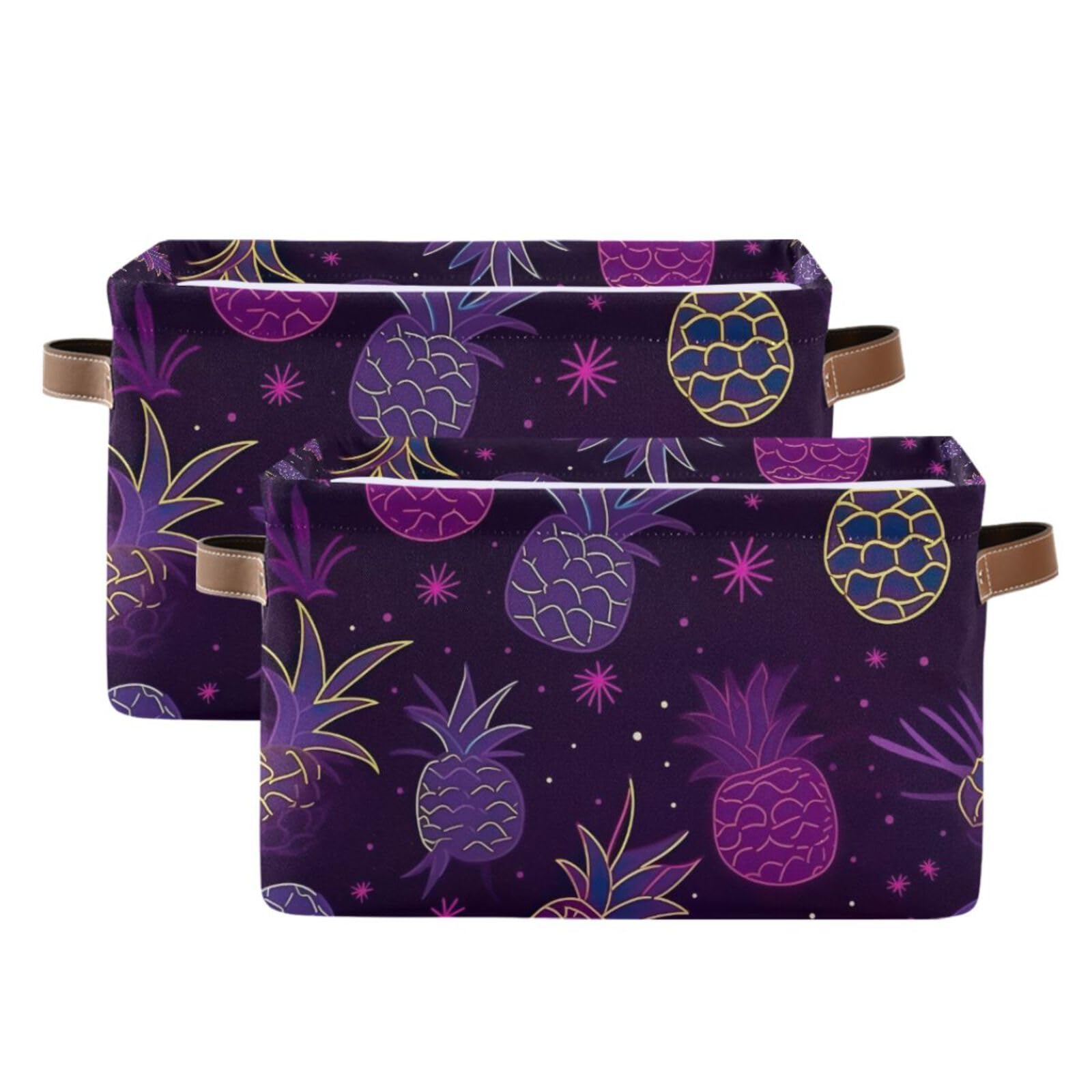 Foldable Canvas Storage Baskets with Handles - 2 Pack Rectangle Pineapple Design Fabric Organizer for Clothes, Home & Office Organization - Perfect for Closet Shelves, Bedroom Decor and Seasonal Storage