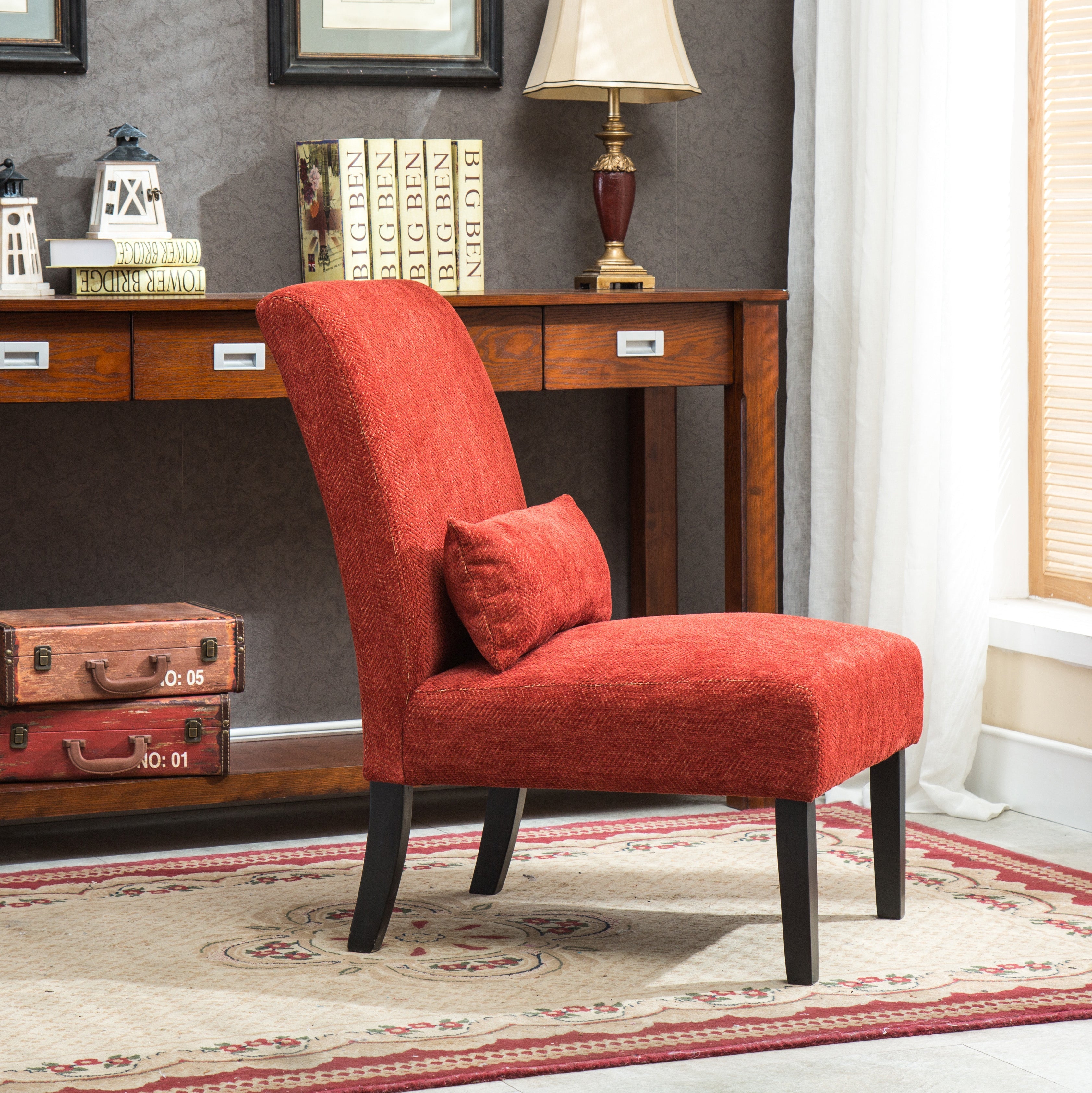 Roundhill Furniture Pisano Chenille Fabric Armless Contemporary Accent Chair with Matching Kidney Pillow in Red - Modern Living Room Seating for Home Office & Lounge