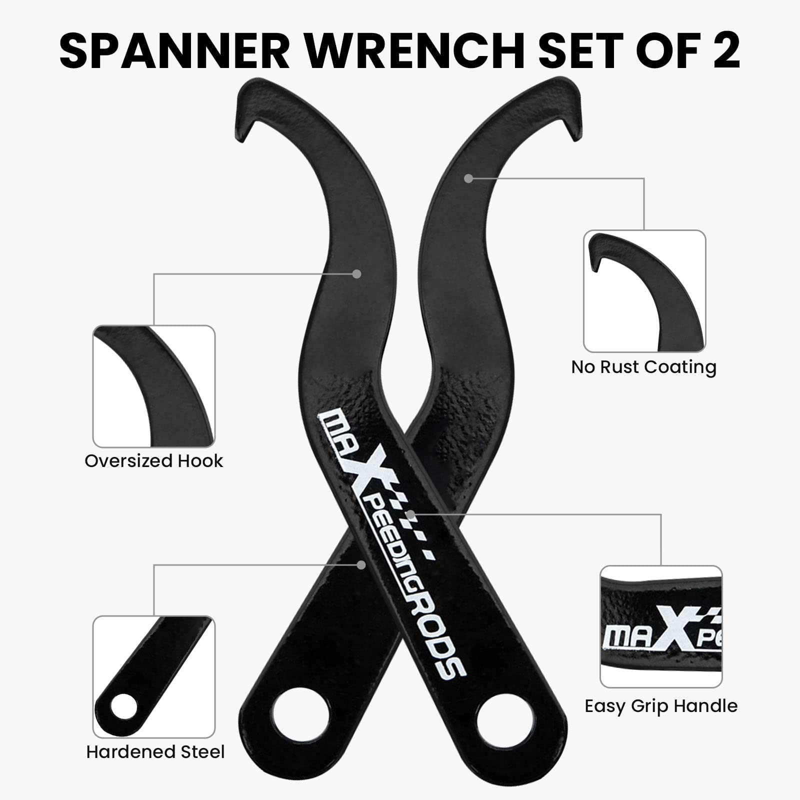 Universal C Spanner Hook Wrench Set - 2pc Steel Coilover Spring Adjustment Tool for Car Suspension - Heavy Duty Black Spanner Wrench for Automotive Repair & Performance Tuning