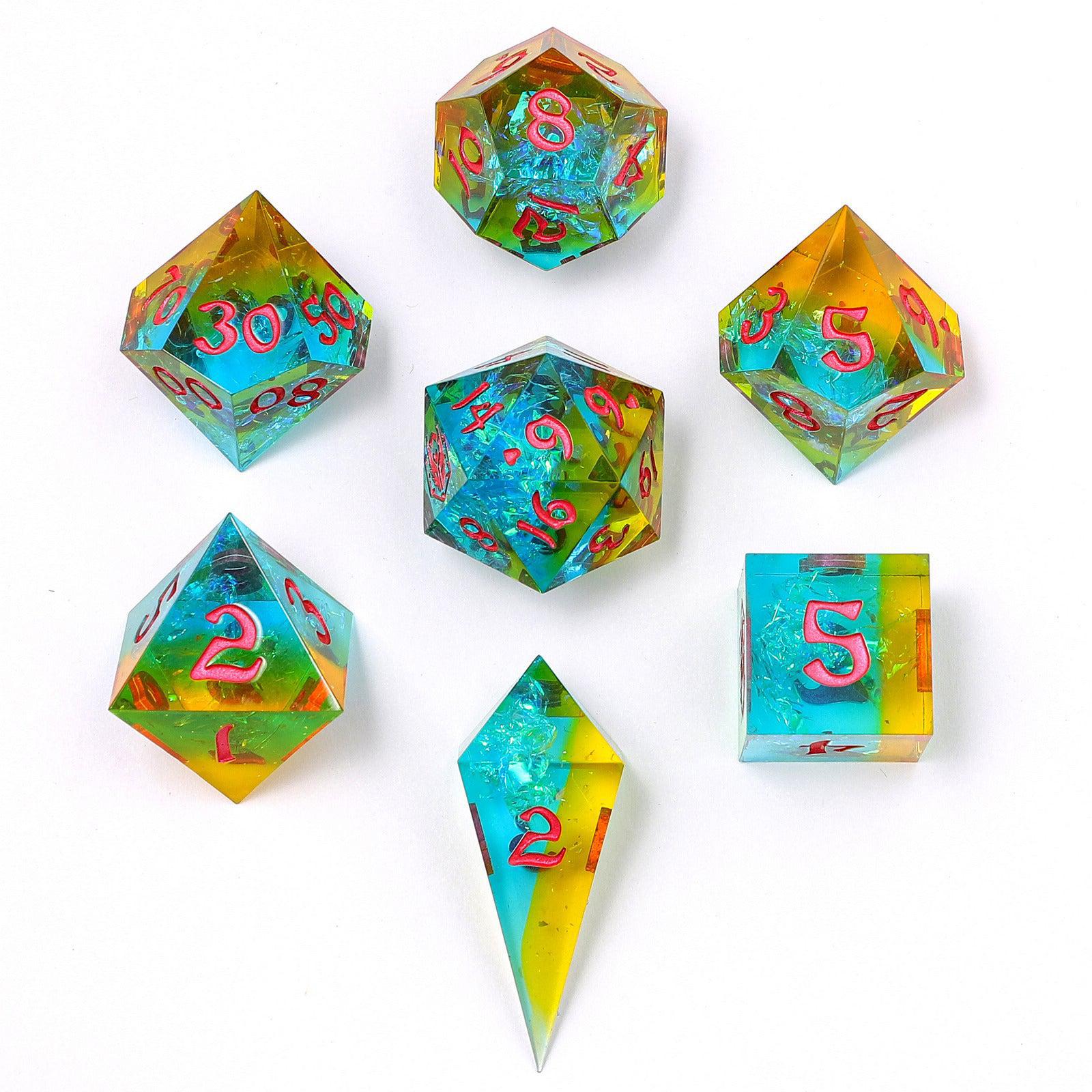 Captured Magic: Living Lightning Resin 7-Piece RPG Dice Set for Dungeons & Dragons, Tabletop Gaming, and Fantasy Roleplaying Adventures