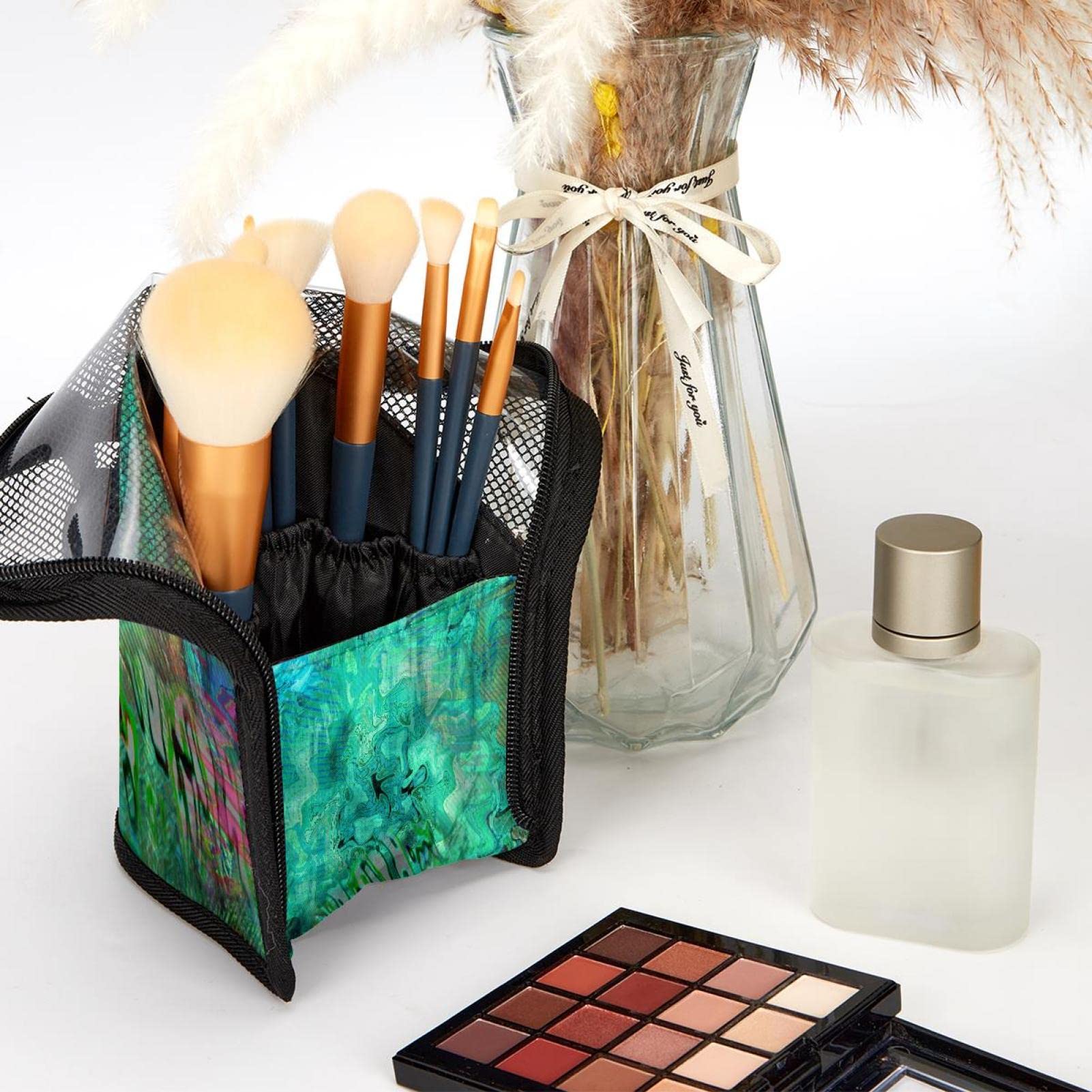 Premium Makeup Brush Organizer Bag with 12 Brushes - Abstract Blue Peacock Design - Portable Cosmetic Brush Holder Case for Travel & Home Vanity Organization
