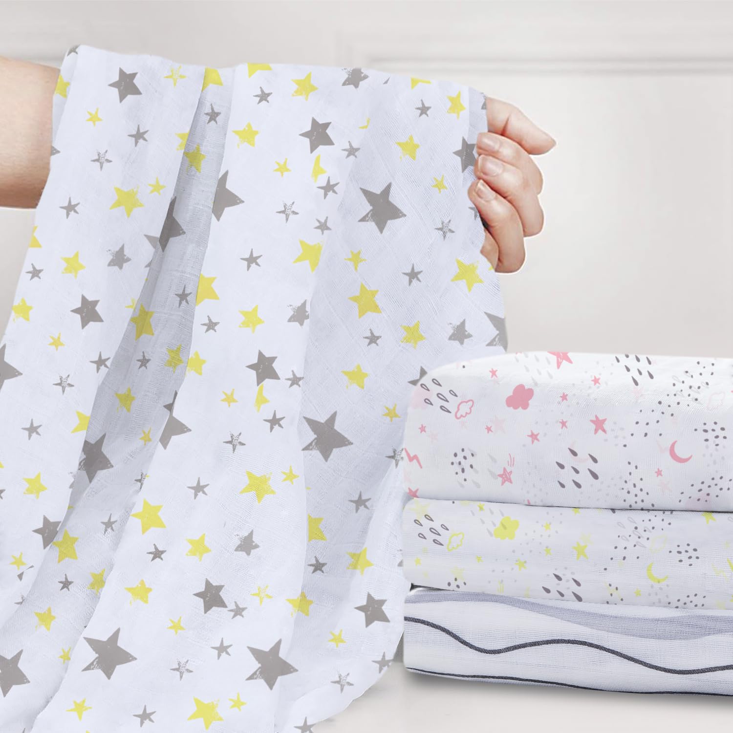 Bimocosy 4-Pack Baby Muslin Swaddle Blankets for Boys & Girls - 100% Cotton, Breathable, Skin-Friendly Receiving Blankets (47x47 Inches, Yellow Sky) - Perfect for Newborn Swaddling, Nursing, and Stroller Cover