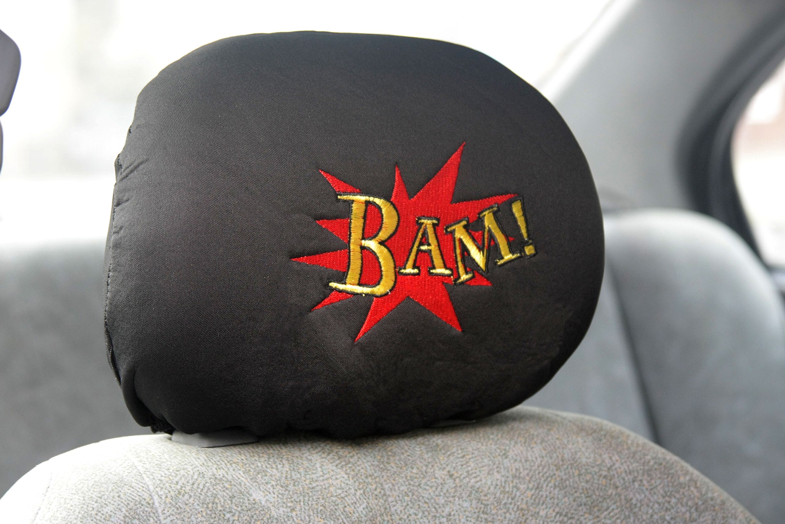 Universal Car Seat Headrest Cover - Interchangeable & One-Piece Design for Cars, Vans, Trucks (Comic BAM!) - Perfect for Road Trips, Daily Commutes & Vehicle Protection