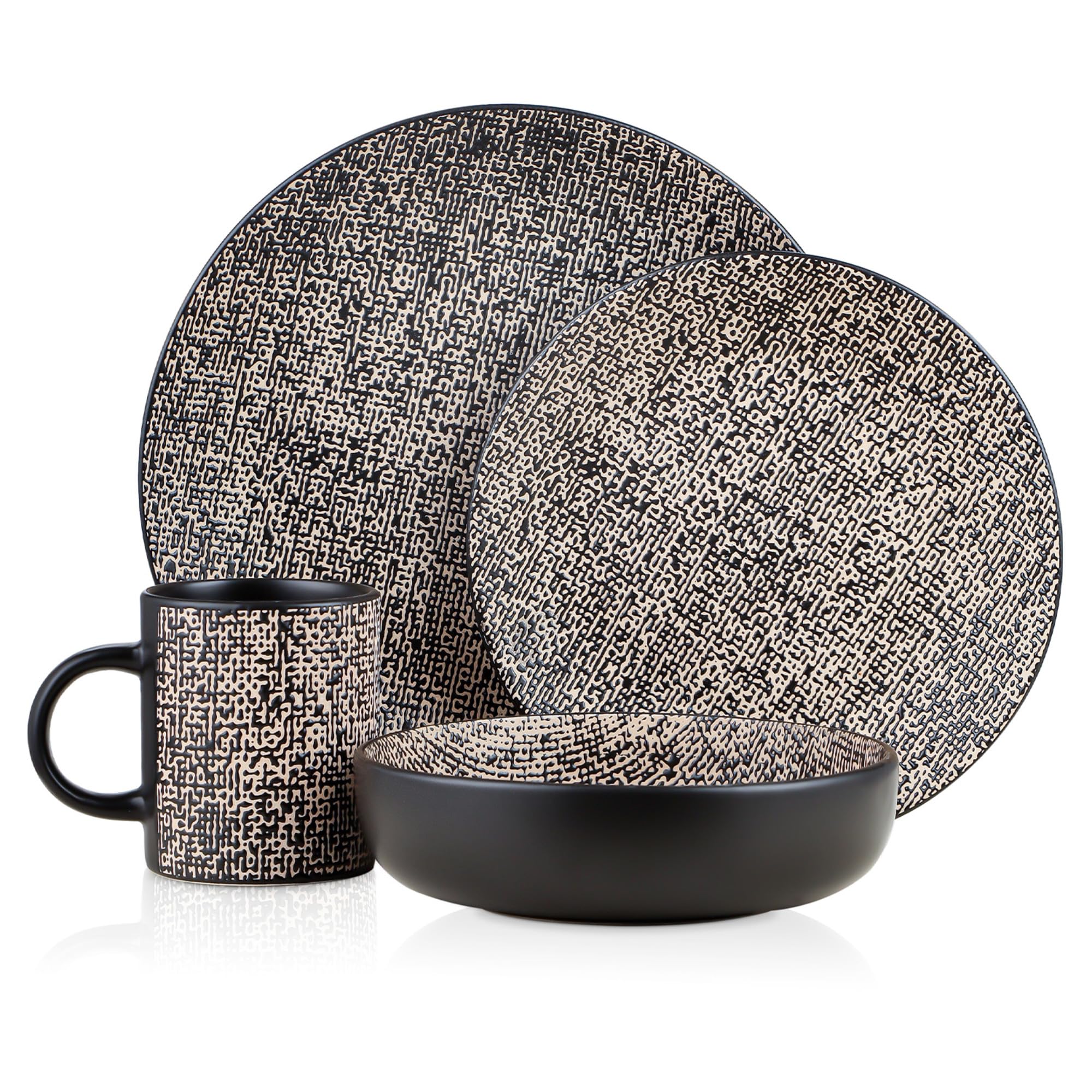 Sophie Rustic Stoneware Dinnerware Set for 4 - 16 Piece Brown & White Textured Plates & Bowls - Durable Stone Lain Ceramic for Farmhouse Dining, Family Meals & Entertaining