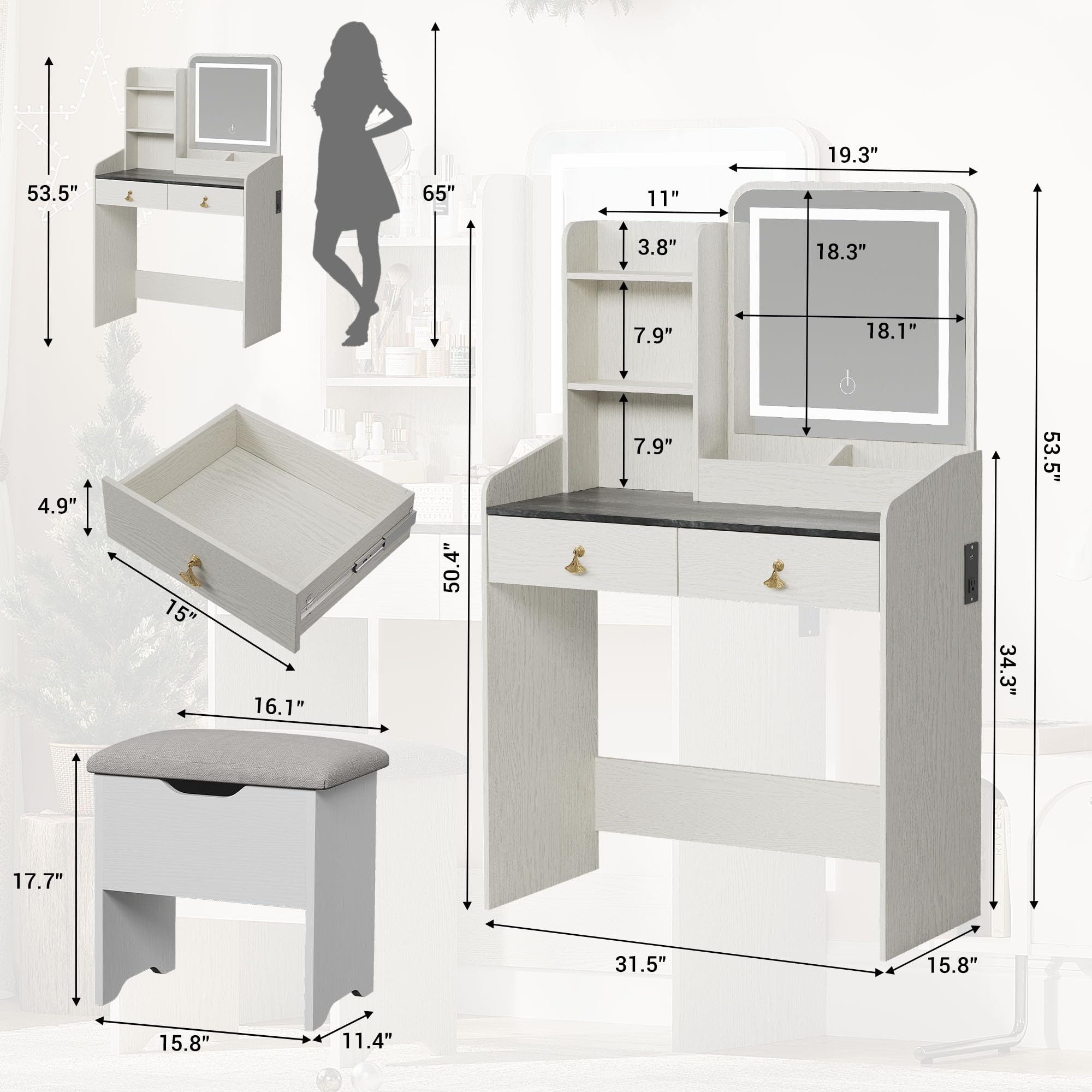 Vanity Desk with LED Light Mirror & USB Charging Station, Small Makeup Vanity Set with 2 Drawers & Storage Stool for Women Girls - White & Grey Tabletop | Perfect for Bedroom, Dorm Room & Beauty Salon