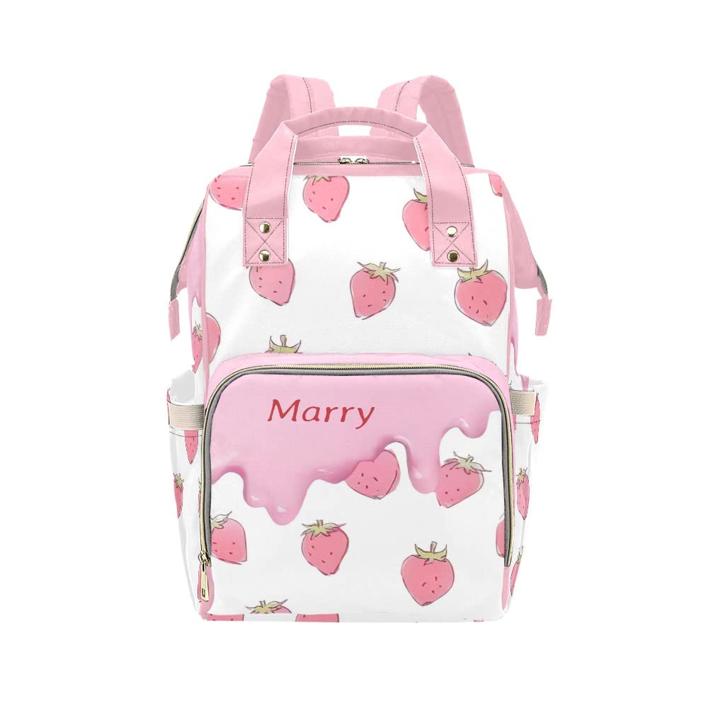 Pink Strawberry Print Waterproof Diaper Bag Backpack for Women - Baby Nappy Nursing Tote with Name Tag - Perfect for Travel, Shopping & Everyday Use as a Stylish Mom Gift