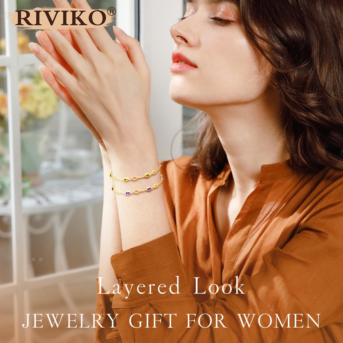 RIVIKO 925 Sterling Silver Gold Plated Birthstone Bracelet for Women - Adjustable Dainty Charm Link Bracelet Jewelry for Anniversary, Valentine's Day, Christmas & Birthday Gifts for Her, Mom, Wife, Friend | Perfect for Everyday Wear, Special Occasions & Thoughtful Gifting