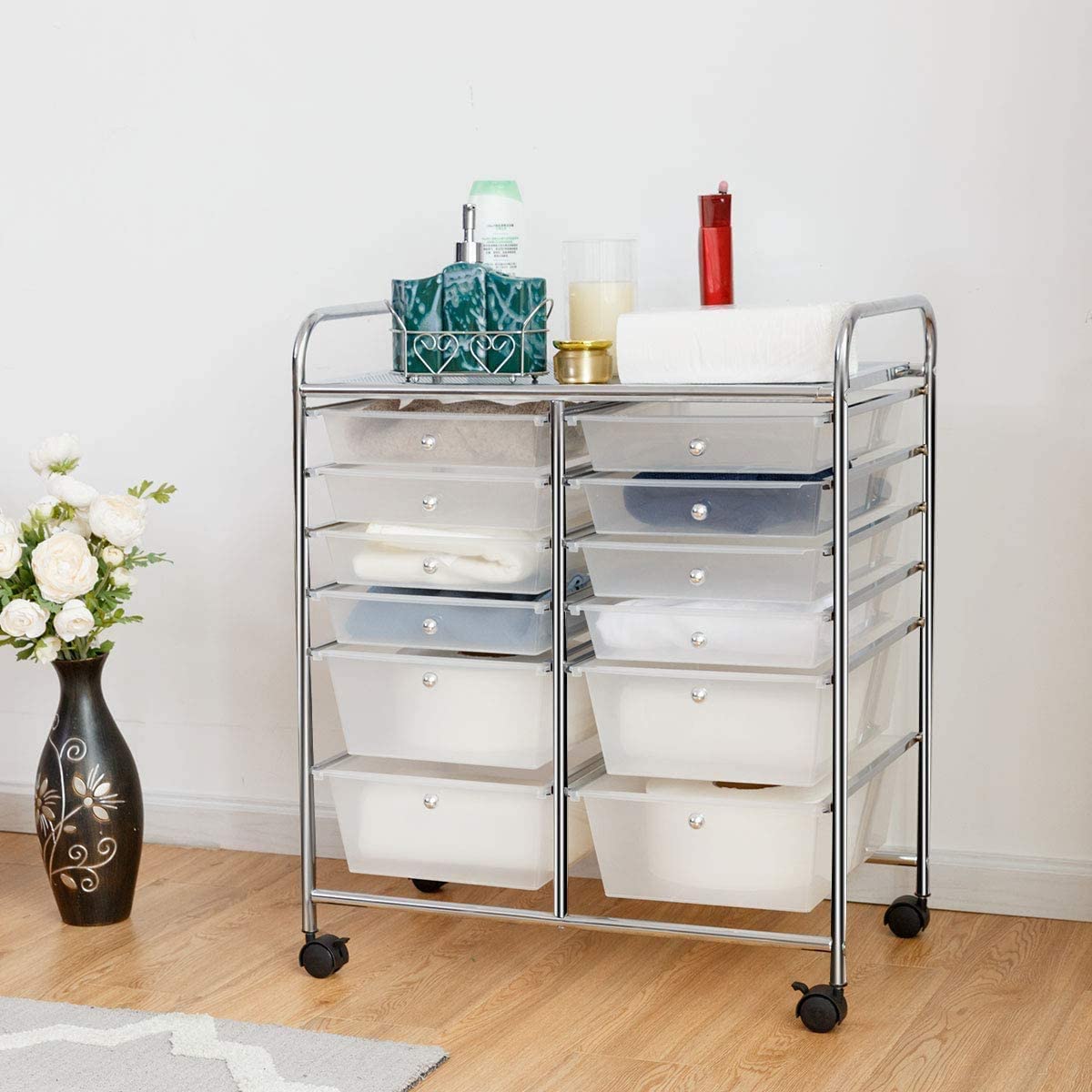 FANTASK 12-Drawer Rolling Storage Cart with Wheels - Multipurpose Organizer Utility Trolley for Tools, Scrapbook Paper, School, Office, Home & Beauty Salon (Clear) - Perfect for Craft Rooms, Workshops, Salon Stations & Closet Organization