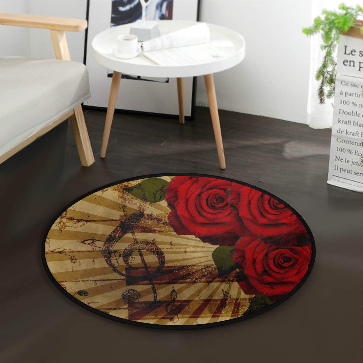 ALAZA Vintage Music Notes Rose Flower Round Area Rug - 3' Diameter (92 cm) Soft Non-Slip Floor Mat for Living Room, Bedroom, Nursery | Boho Home Decor, Gift for Music Lovers