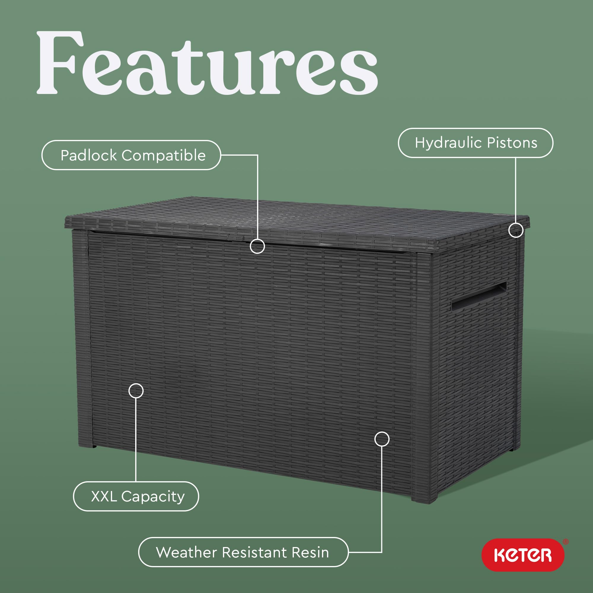 Keter Java XXL 230 Gallon Resin Outdoor Storage Box - Large Deck Box for Patio Furniture Cushions, Garden Tools, Pool Toys & Backyard Organization - Weatherproof Dark Grey Storage Container for Outdoor Use